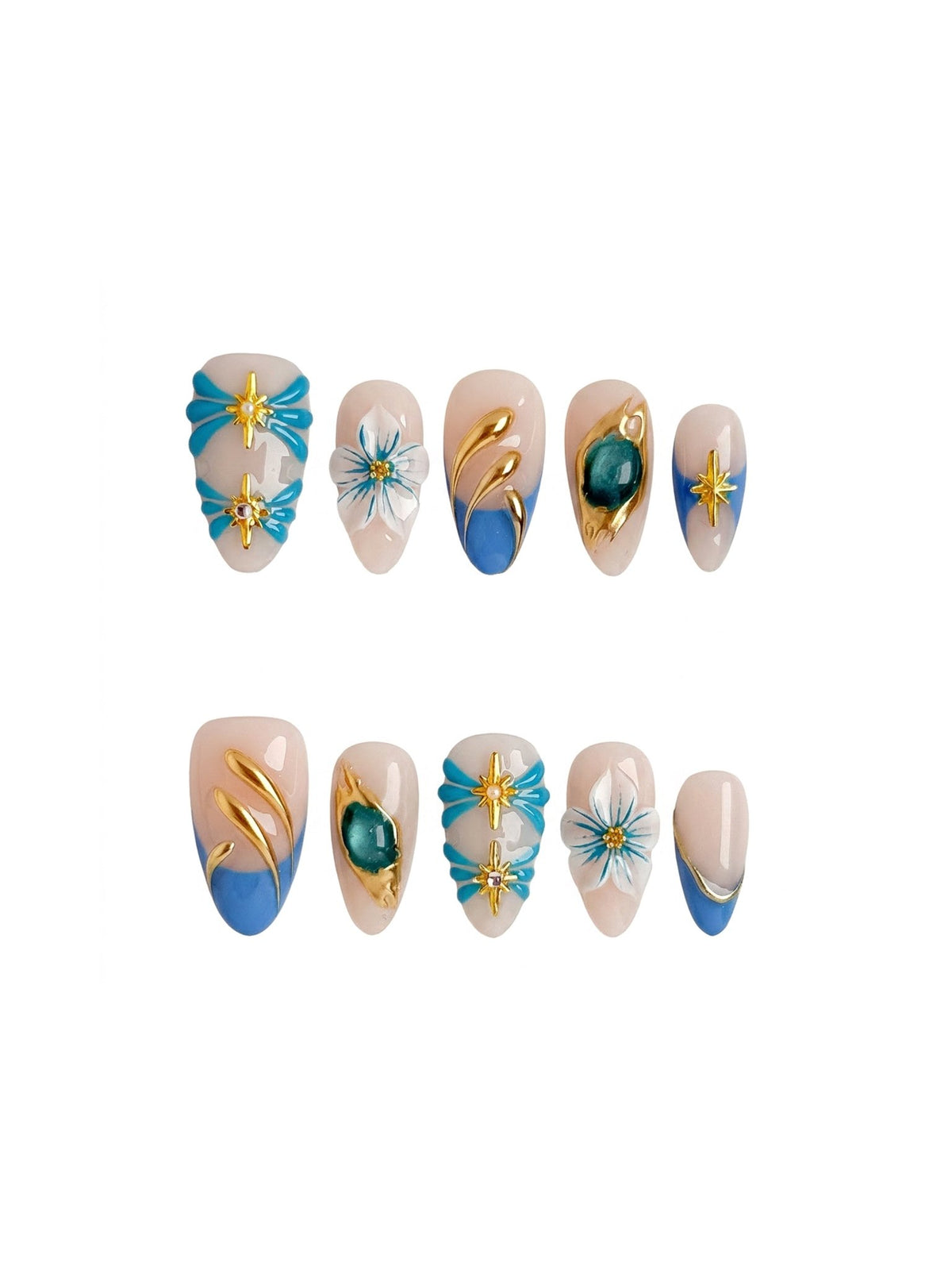 Handmade Blue Floral Press On Nails, Gold Chrome Flower French Nails, Medium Almond