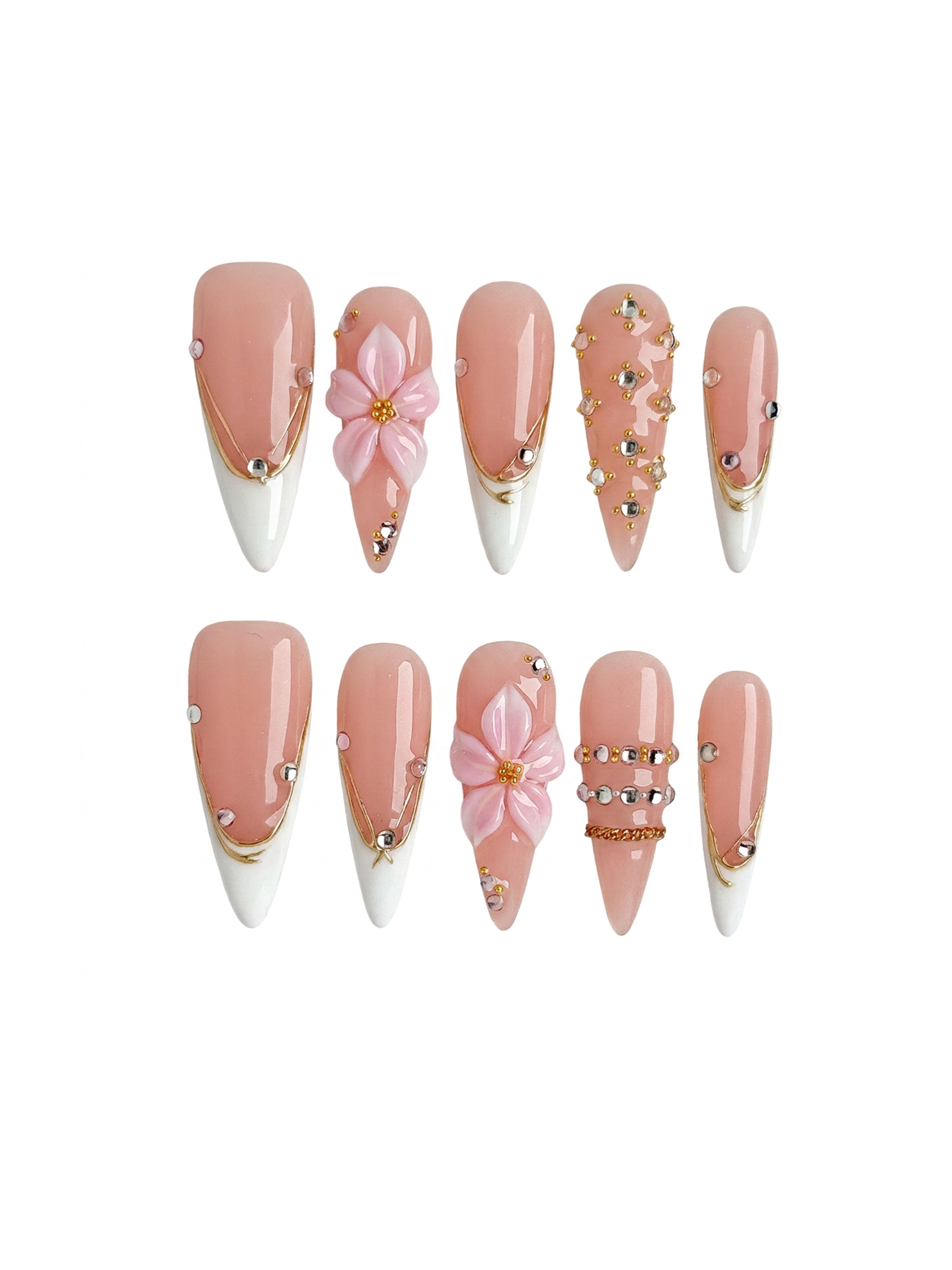 Handmade Pink French Flower Press On Nails, 3D Floral Rhinestone Elegant Nails, Long Stiletto