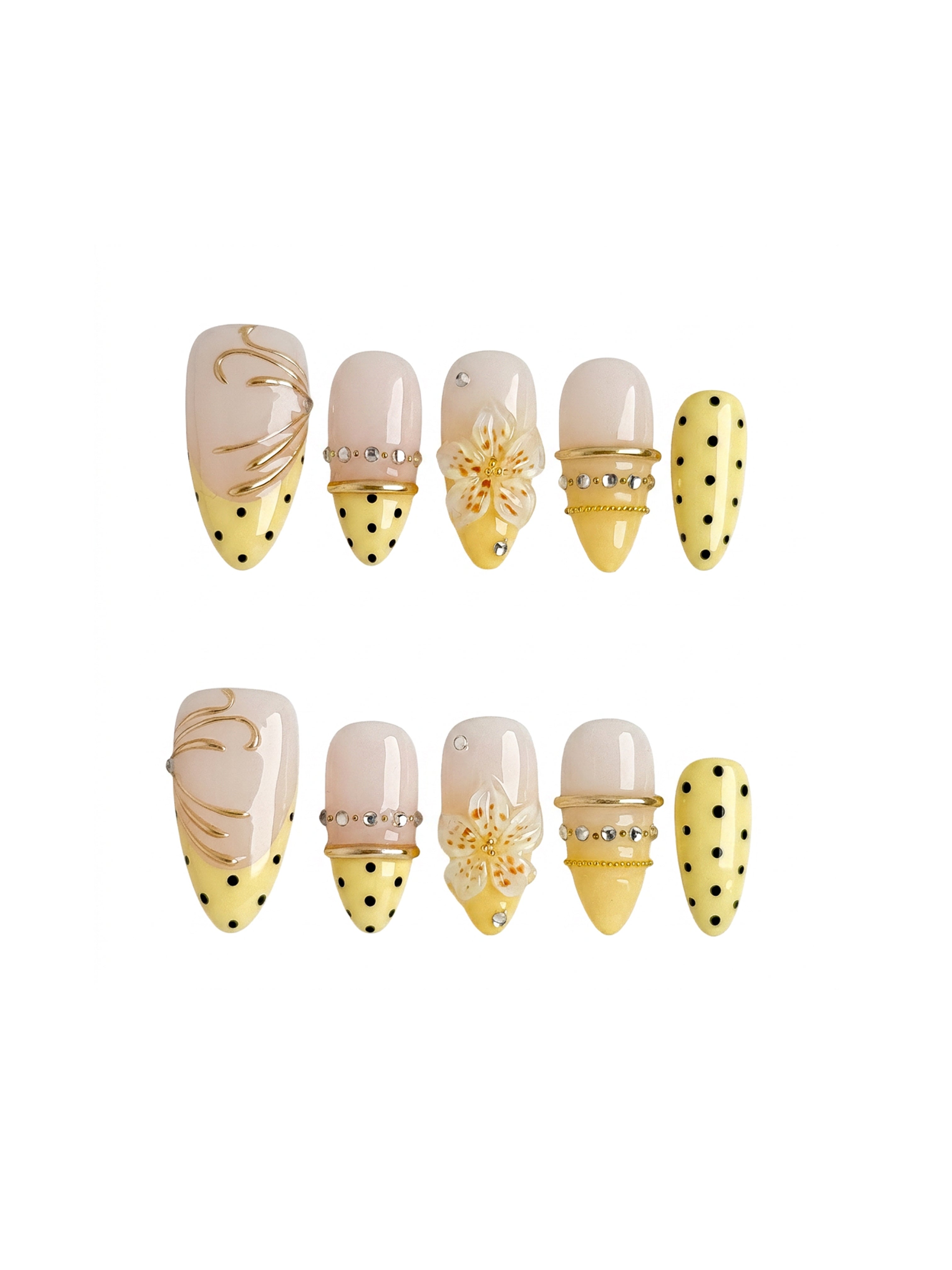 Yellow Polka Dot Flower Press On Nails Handmade Reusable Fake Nails Medium Almond