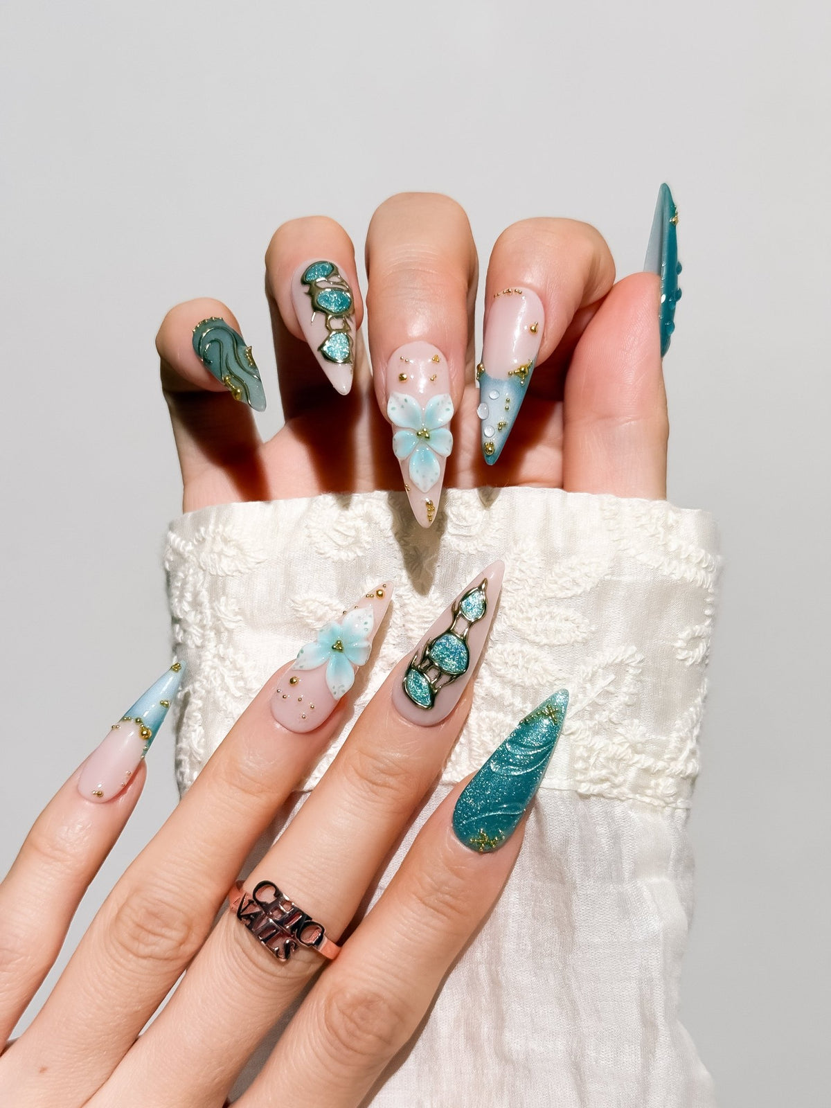 Aqua Jewel Long Stiletto Press On Nails