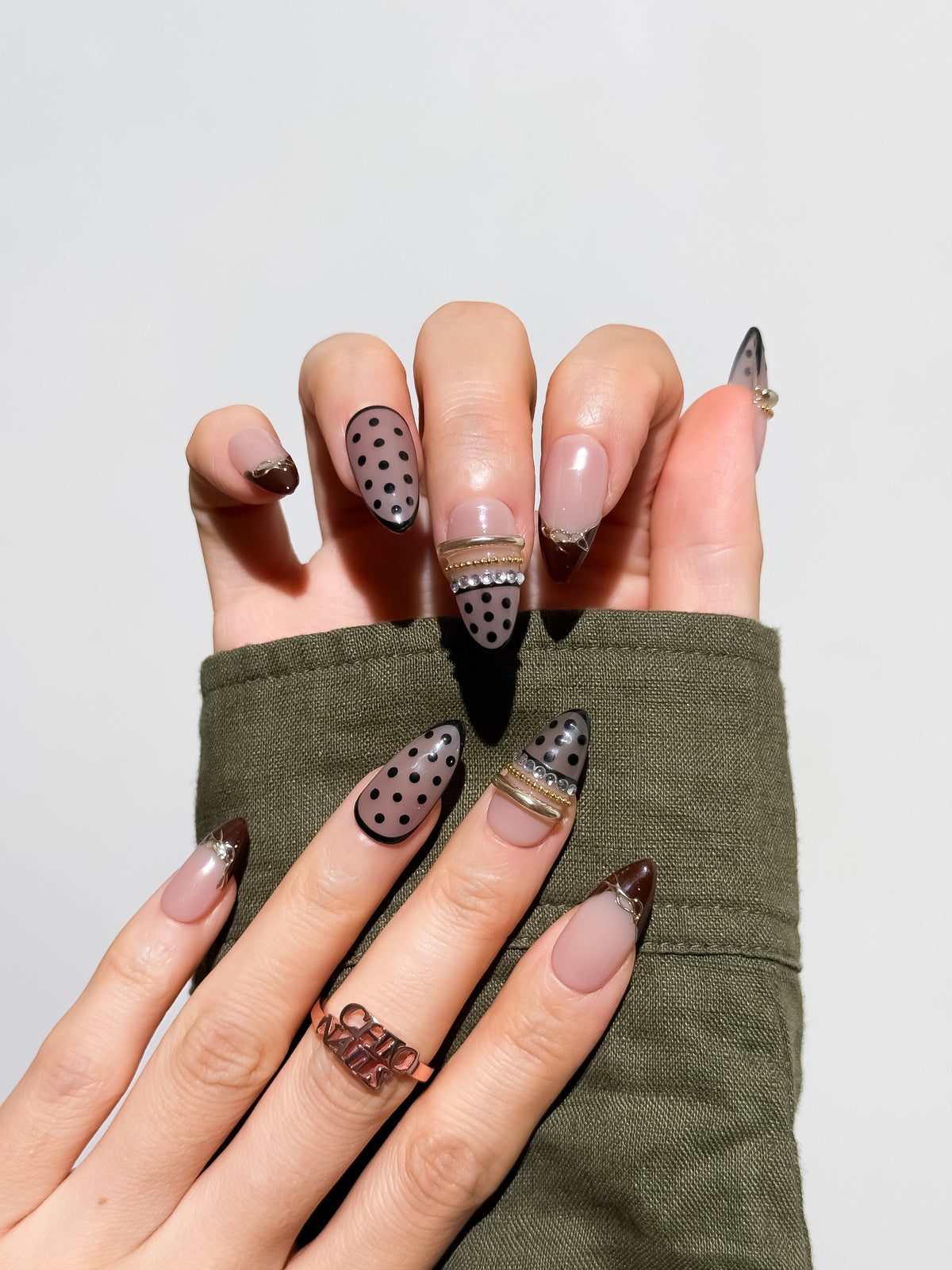 Noir Dot Medium Almond Press On Nails