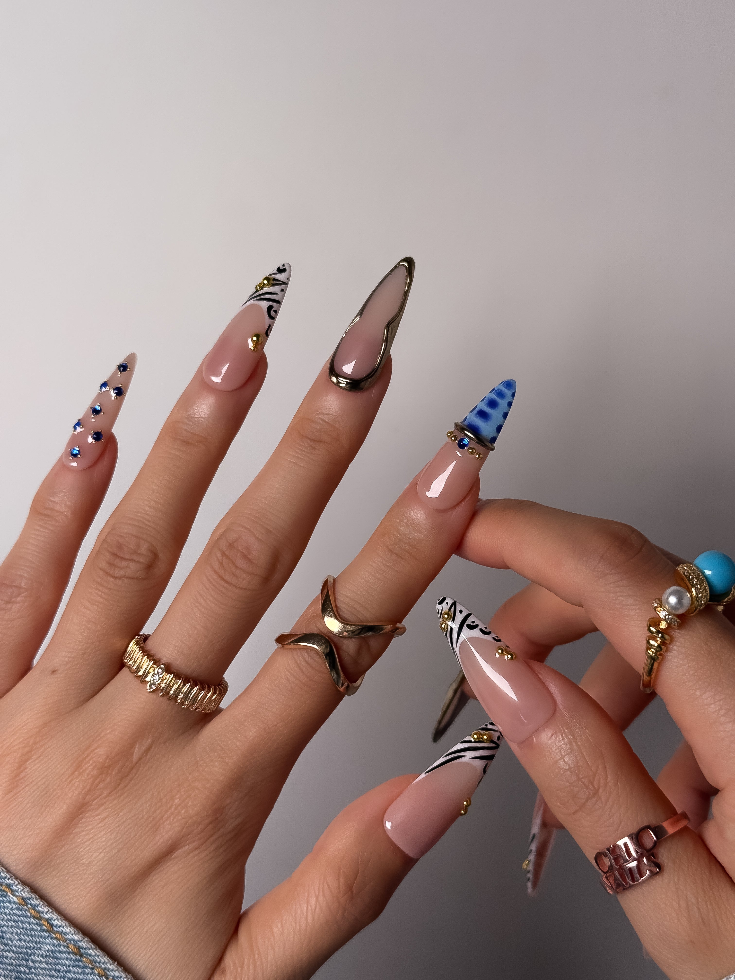 Blue Zebra Rhinestone Press On Nails Long Stiletto