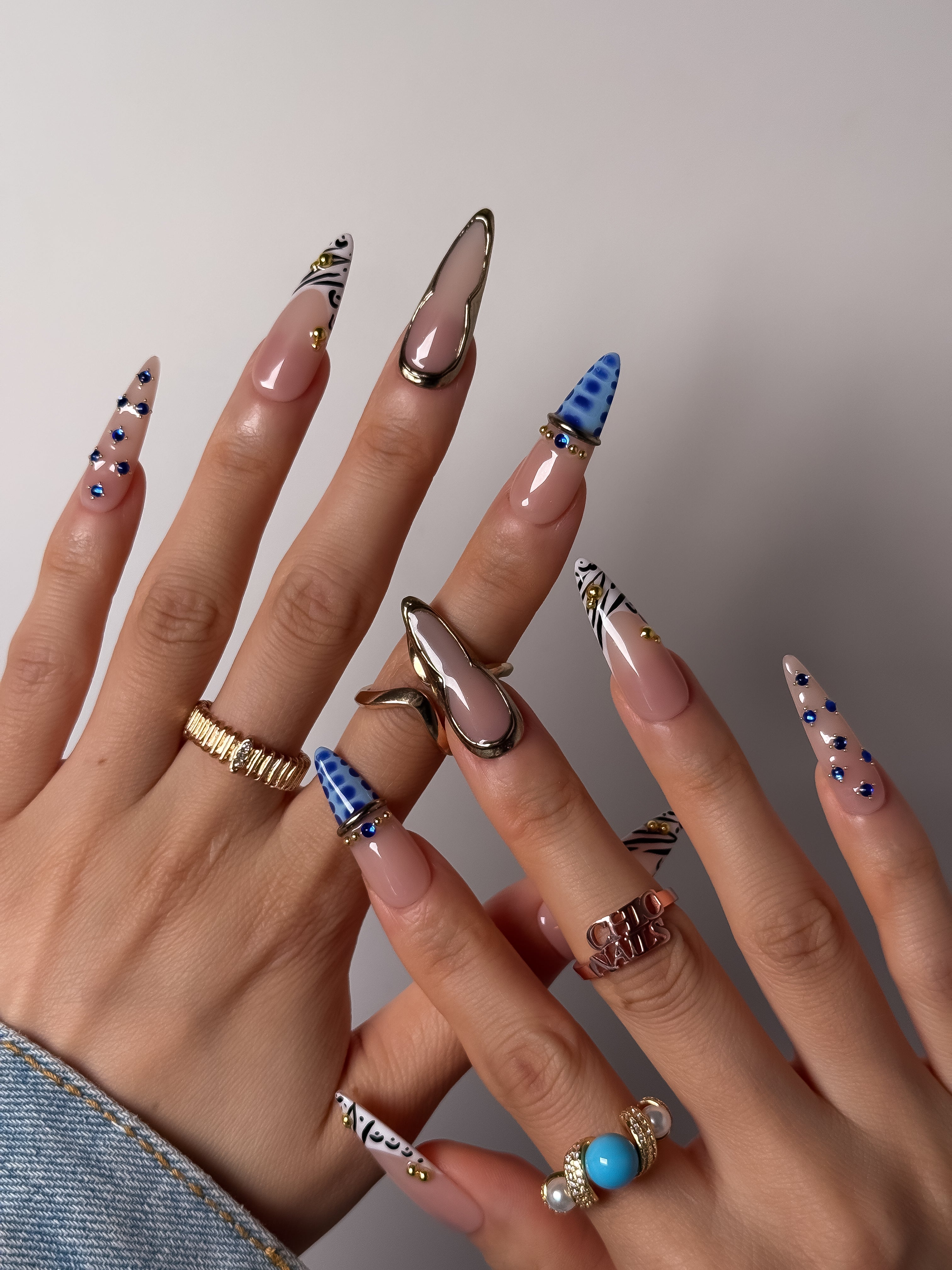 Blue Zebra Rhinestone Press On Nails Long Stiletto