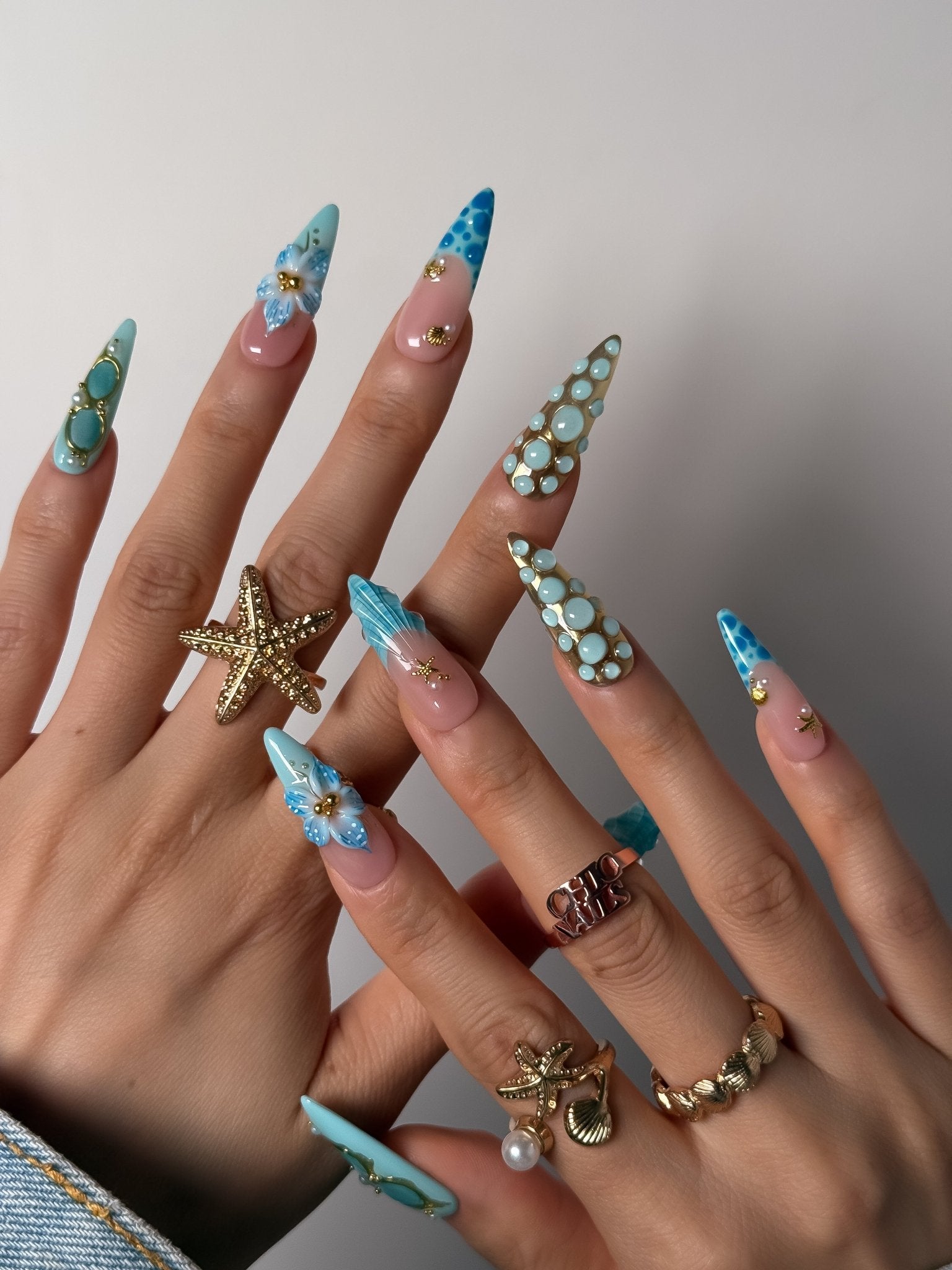 Blue Coastal Floral Press On Nails Long Stiletto