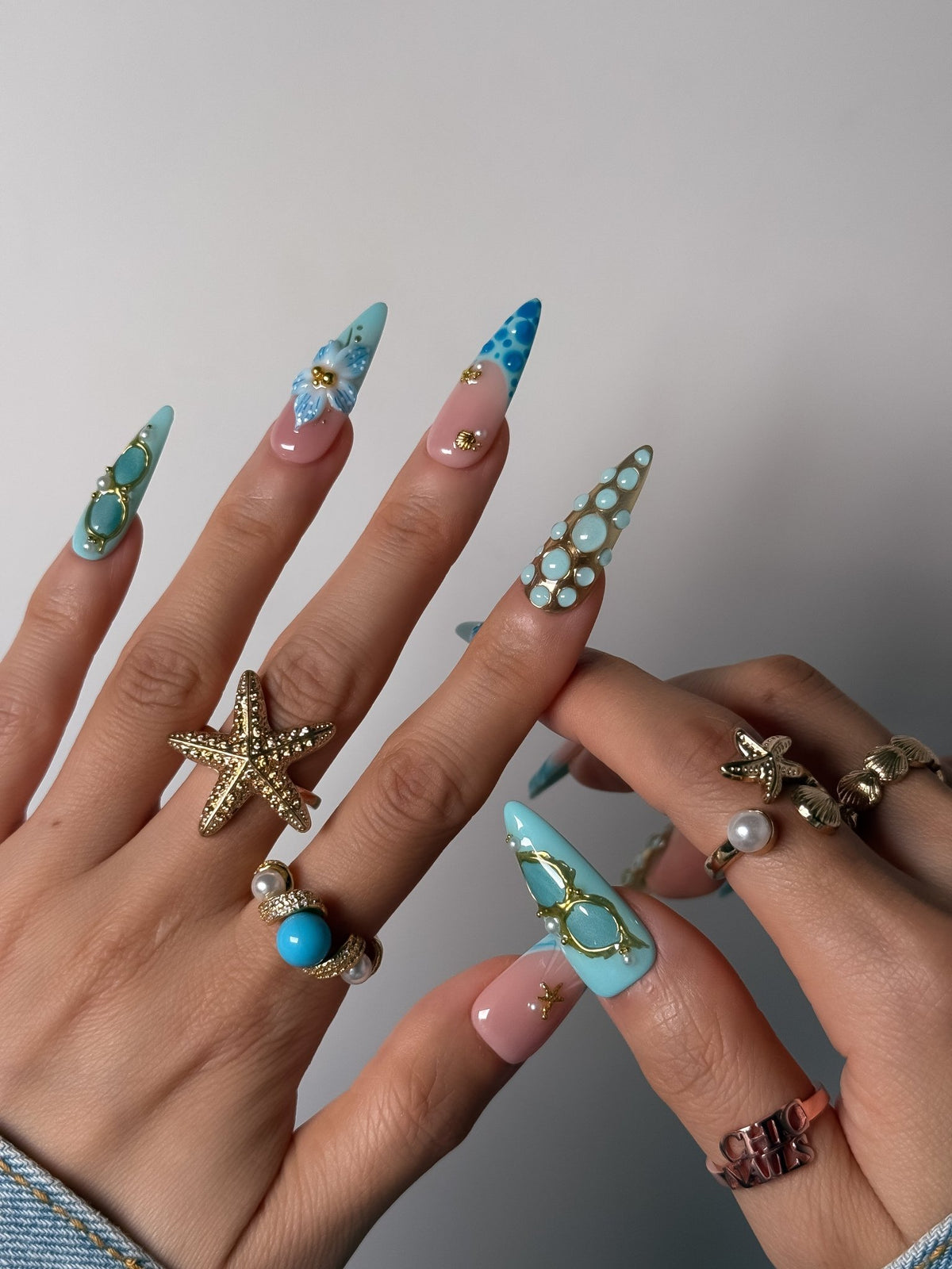 Blue Coastal Floral Press On Nails Long Stiletto