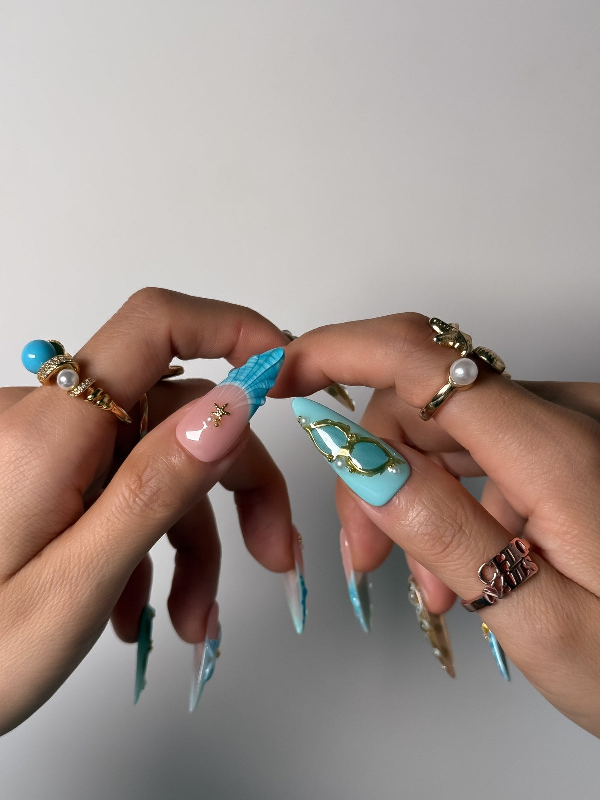 Blue Coastal Floral Press On Nails Long Stiletto