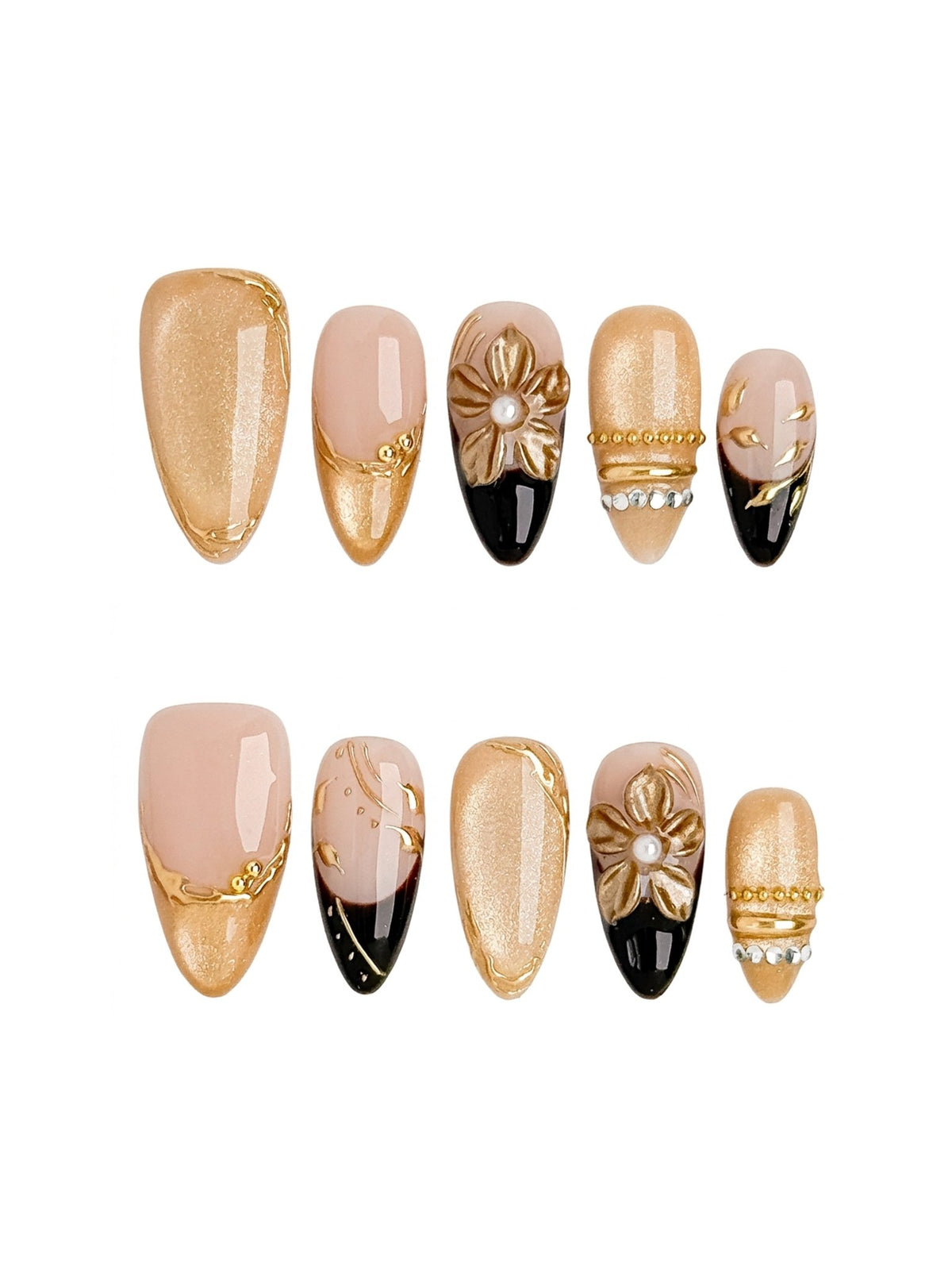 Golden Fleur Medium Almond Press On Nails