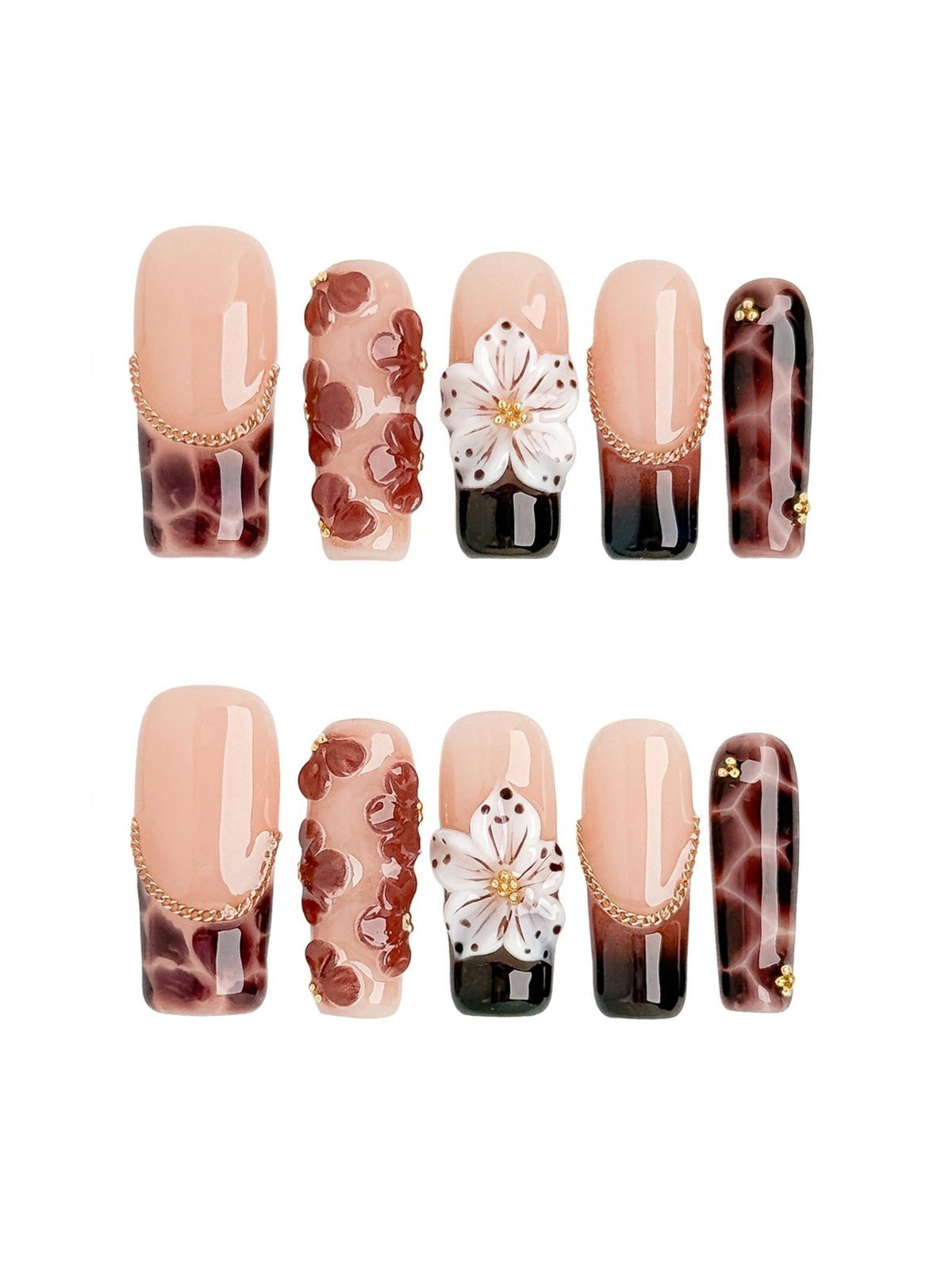Mocha Blossom Long Square Press On Nails
