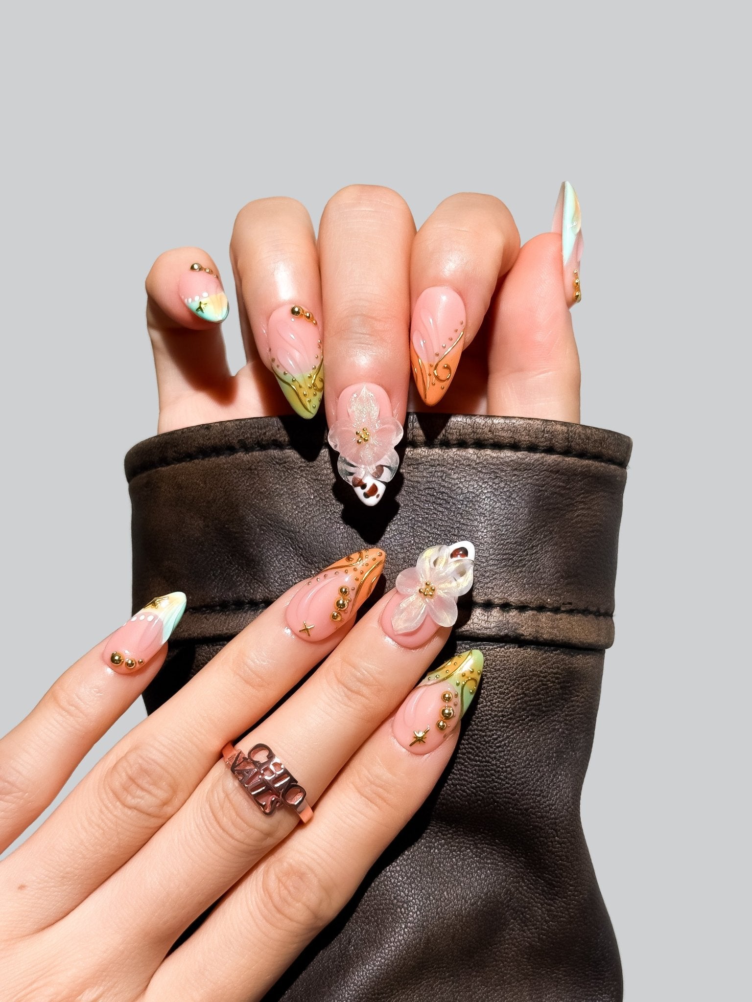 Pastel Floral French Tip Press On Nails Medium Almond