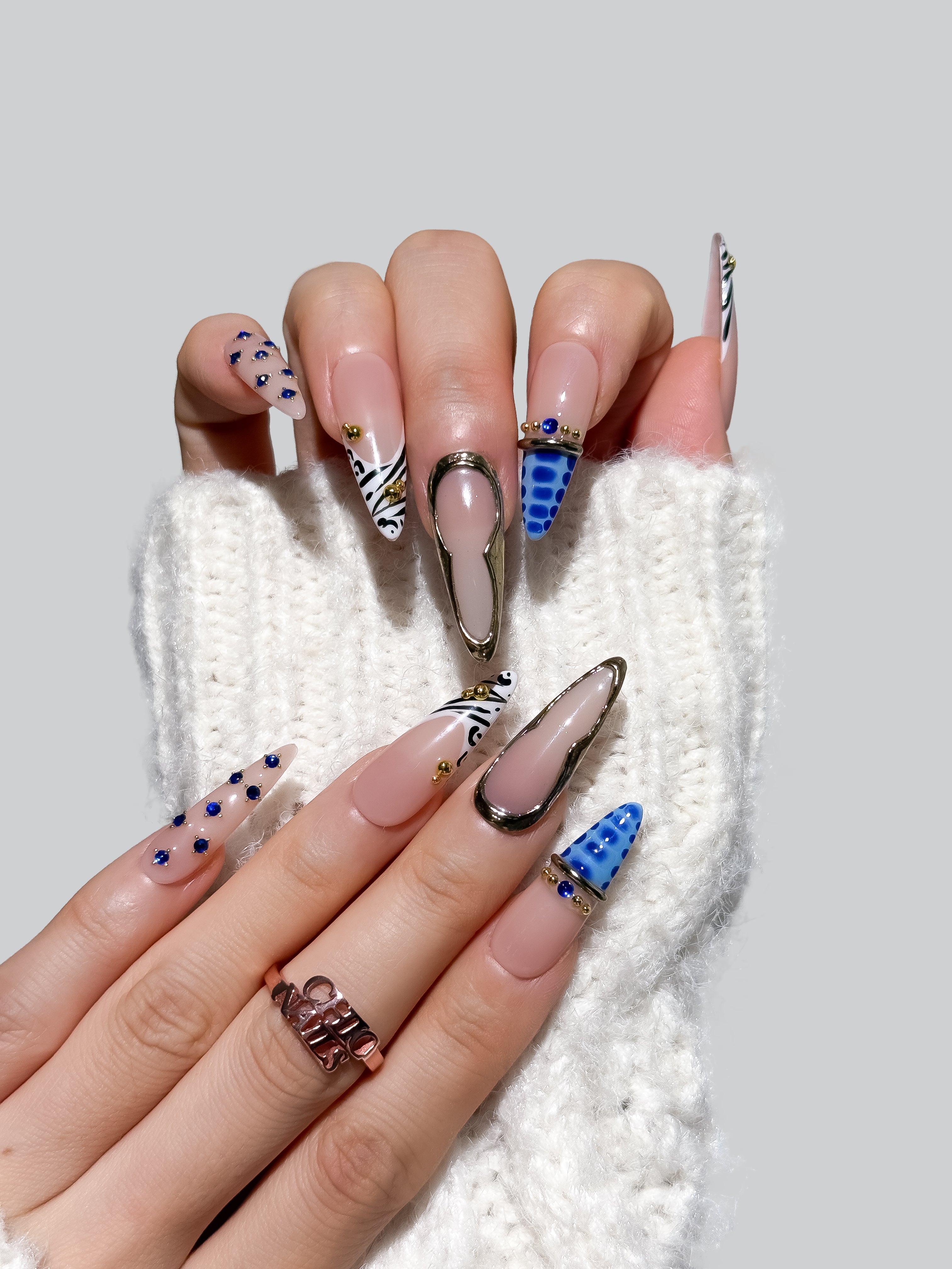 Blue Zebra Rhinestone Press On Nails Long Stiletto