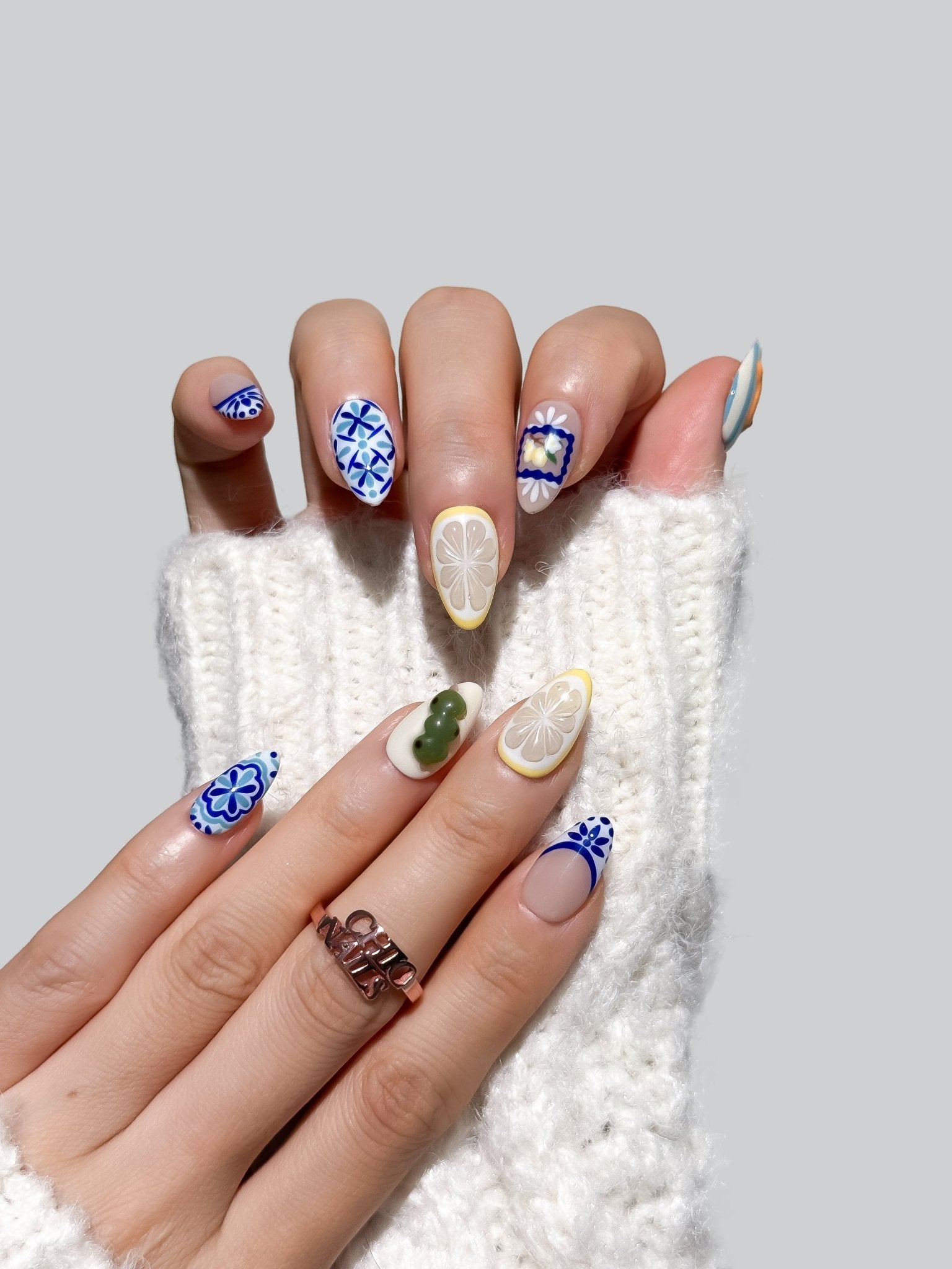 Blue Lemon Tile Press On Nails Short Almond