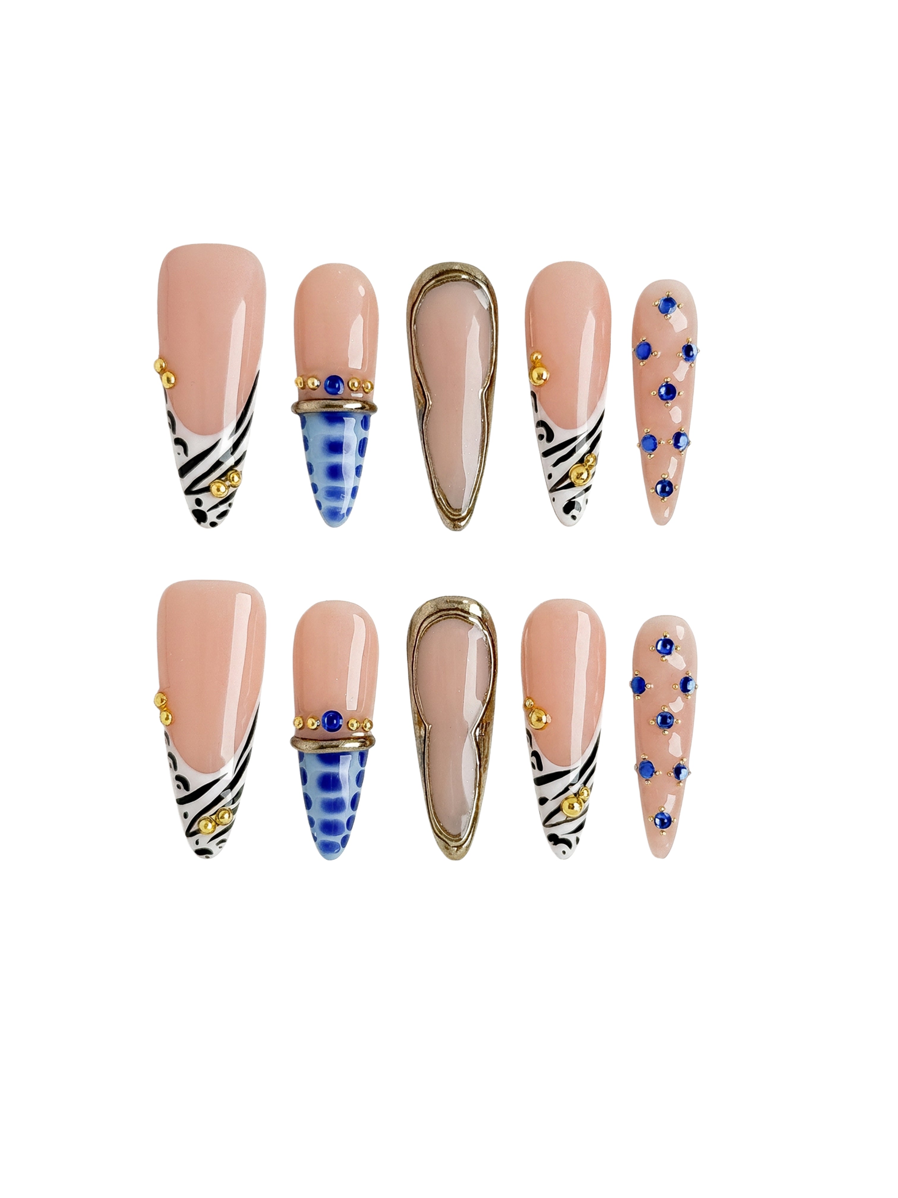 Blue Zebra Rhinestone Press On Nails Long Stiletto