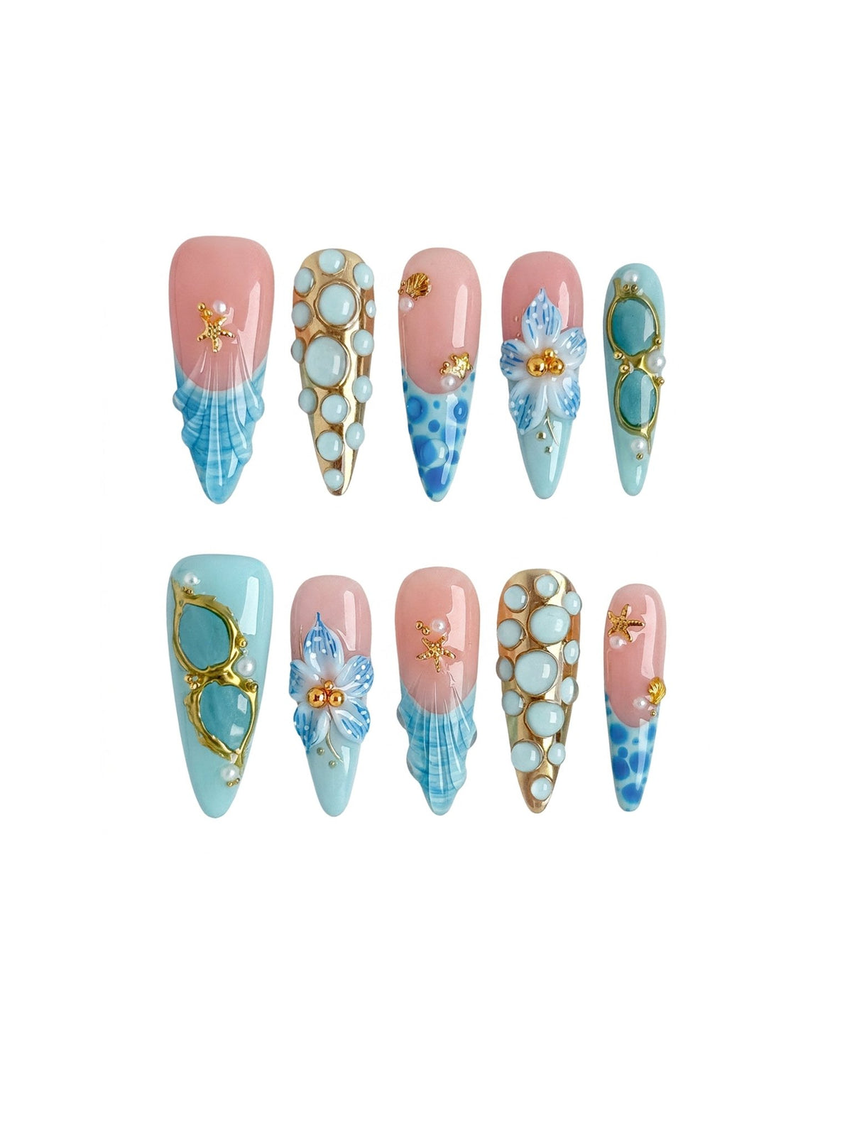 Blue Coastal Floral Press On Nails Long Stiletto