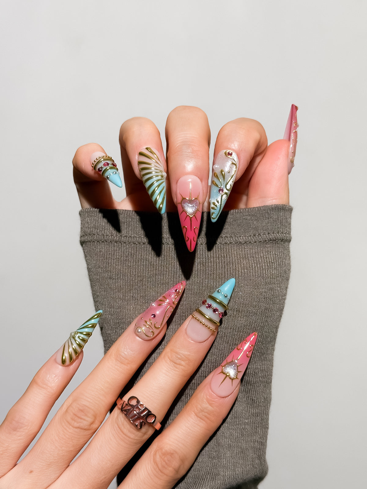 Aurora Heart Long Stiletto Press On Nails