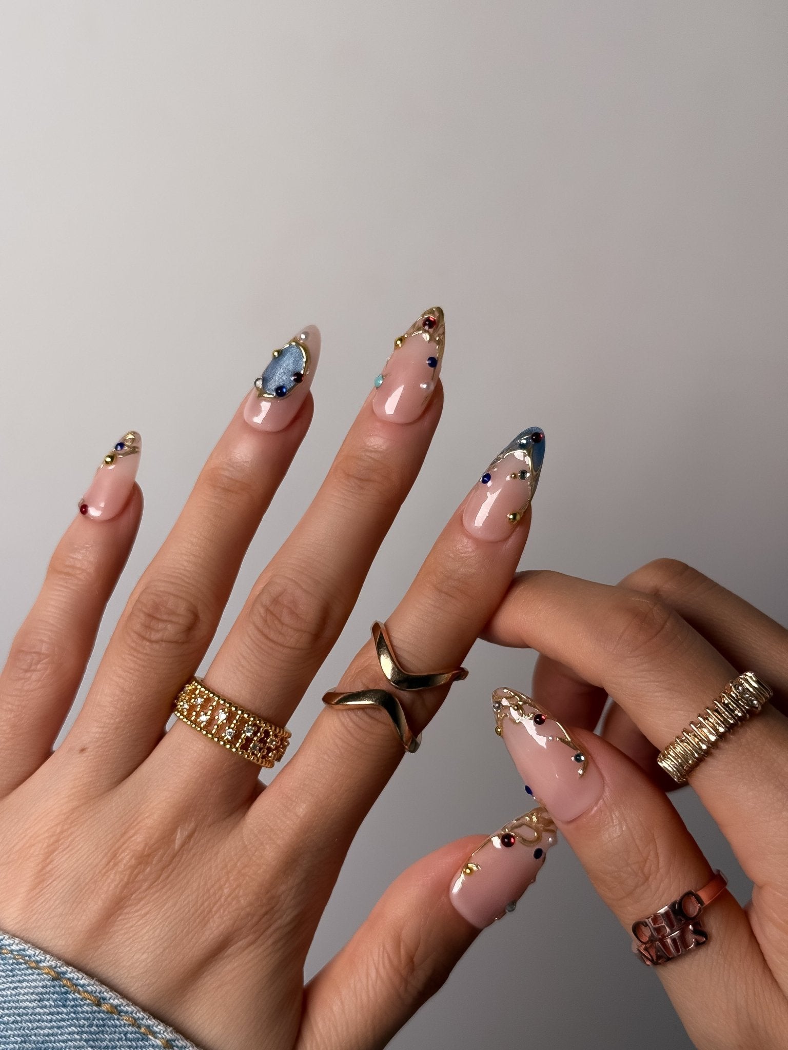 Blue Crystal Gem Press On Nails Medium Almond