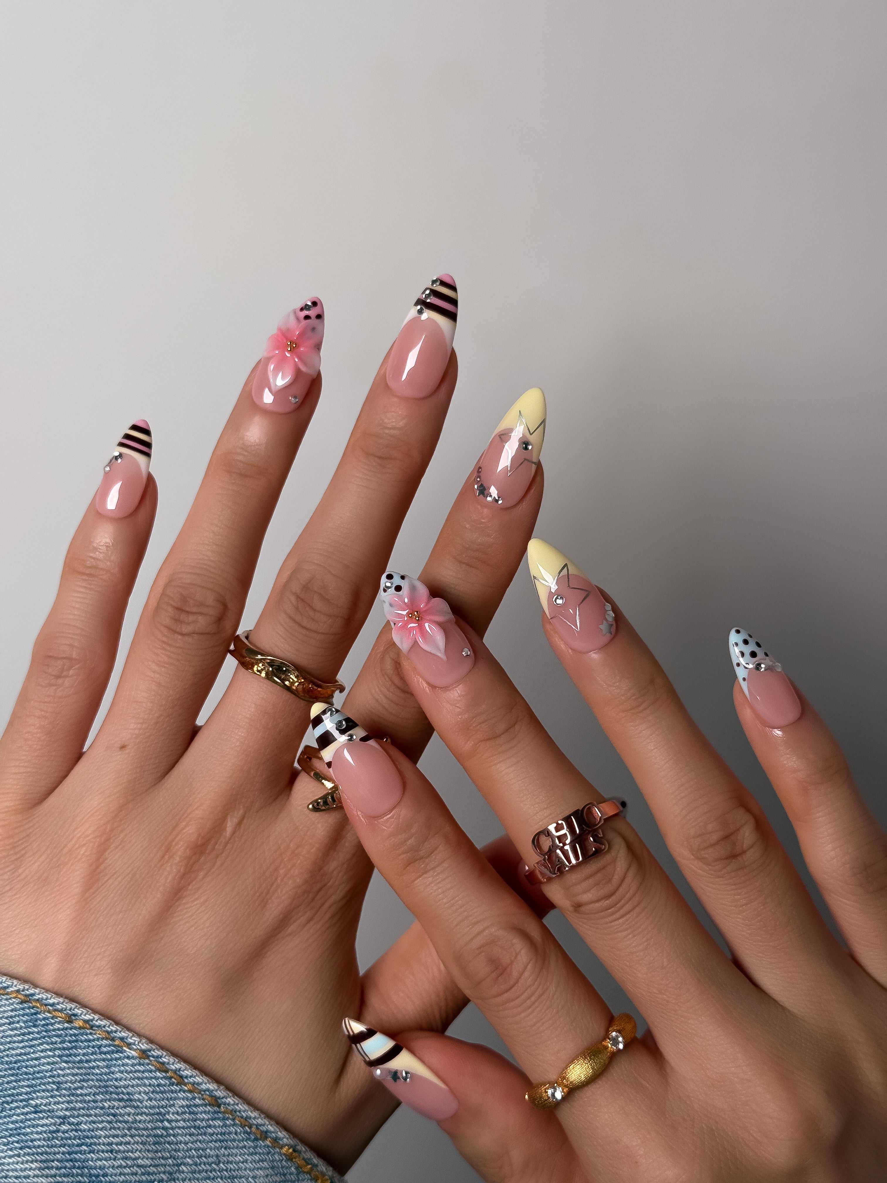 Pink Floral Chocolate French Press On Nails Medium Almond