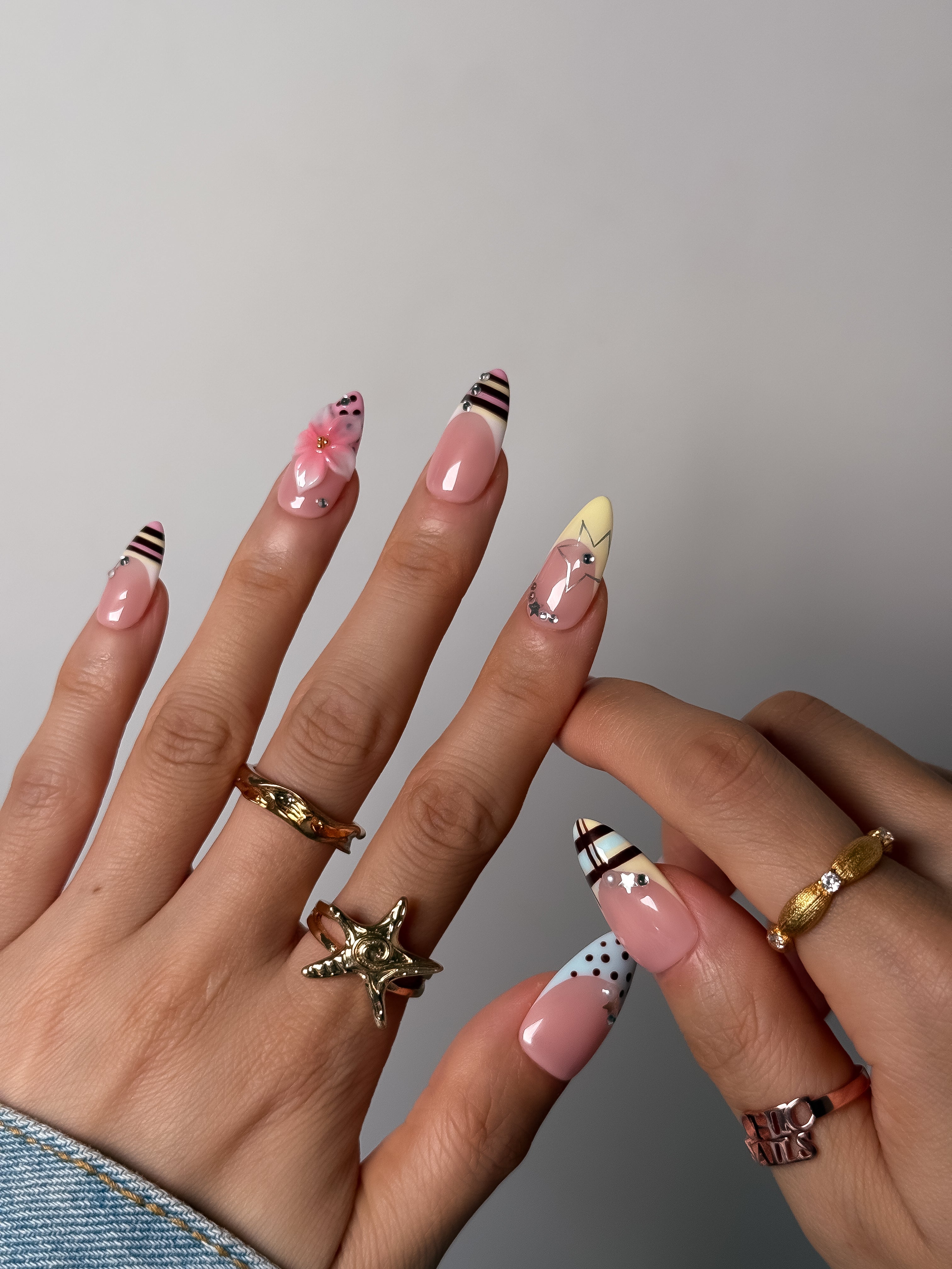 Pink Floral Chocolate French Press On Nails Medium Almond