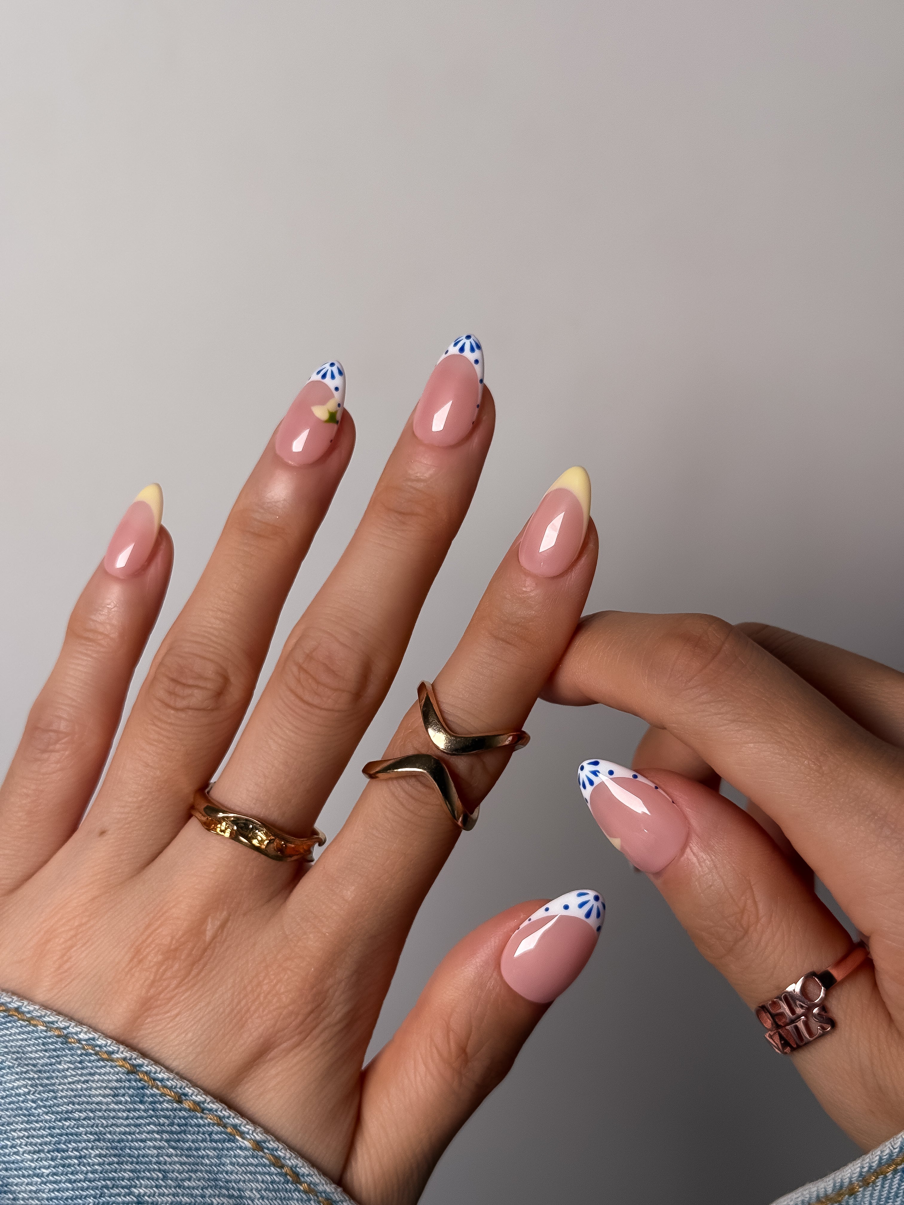 Blue Porcelain French Press On Nails Short Almond