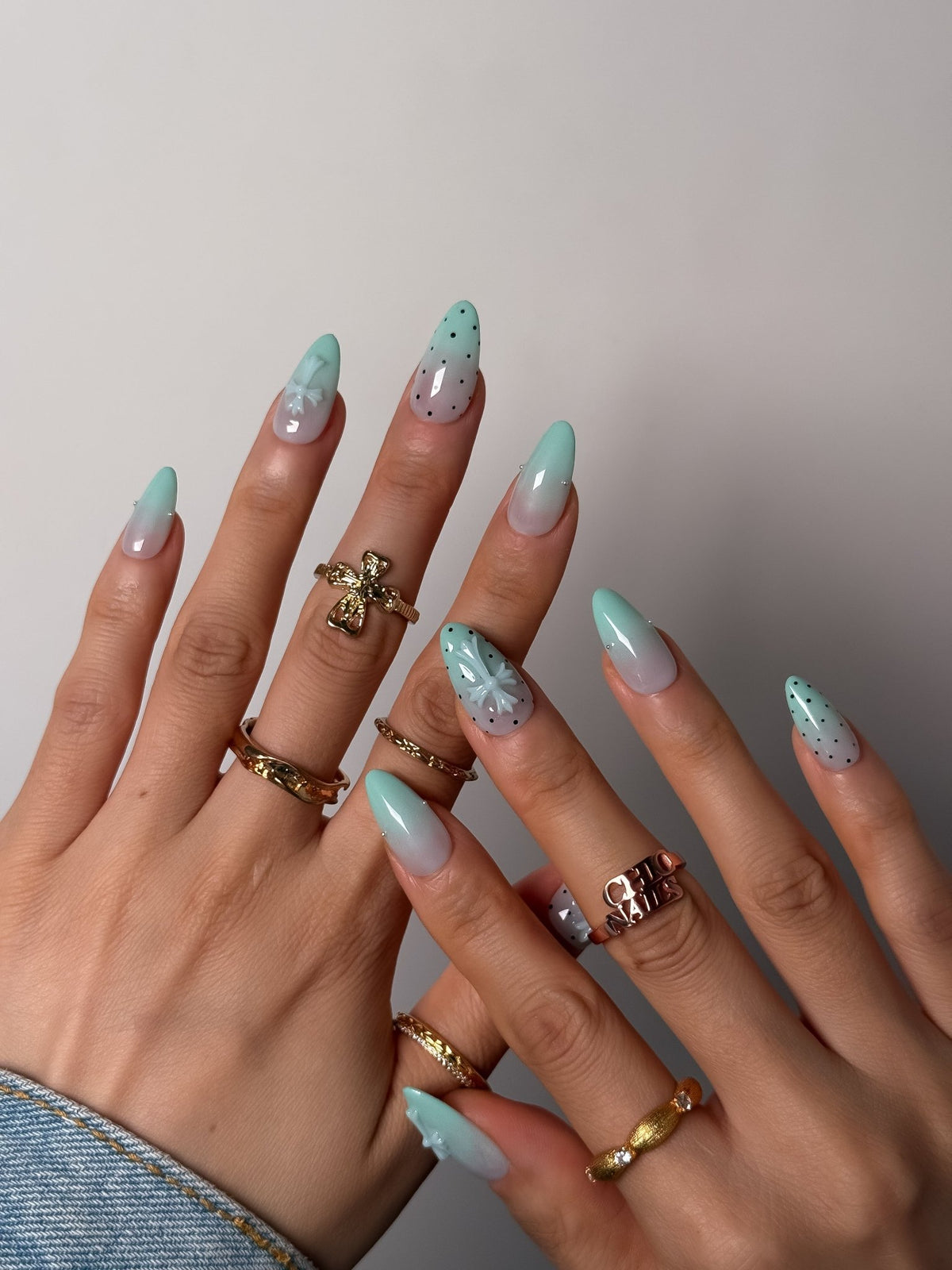 Mint Green Ombre Cross Press On Nails Medium Almond