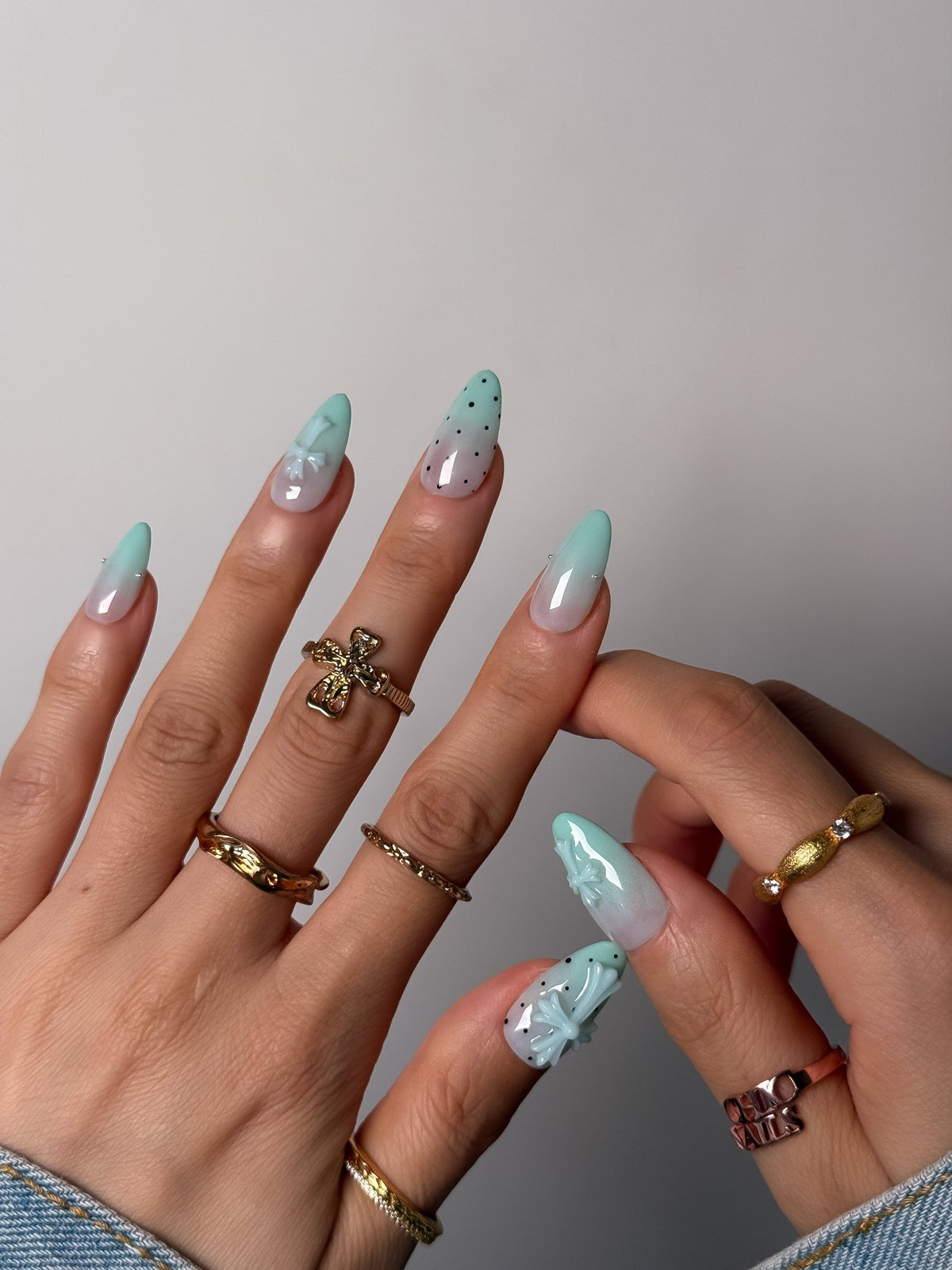 Mint Green Ombre Cross Press On Nails Medium Almond