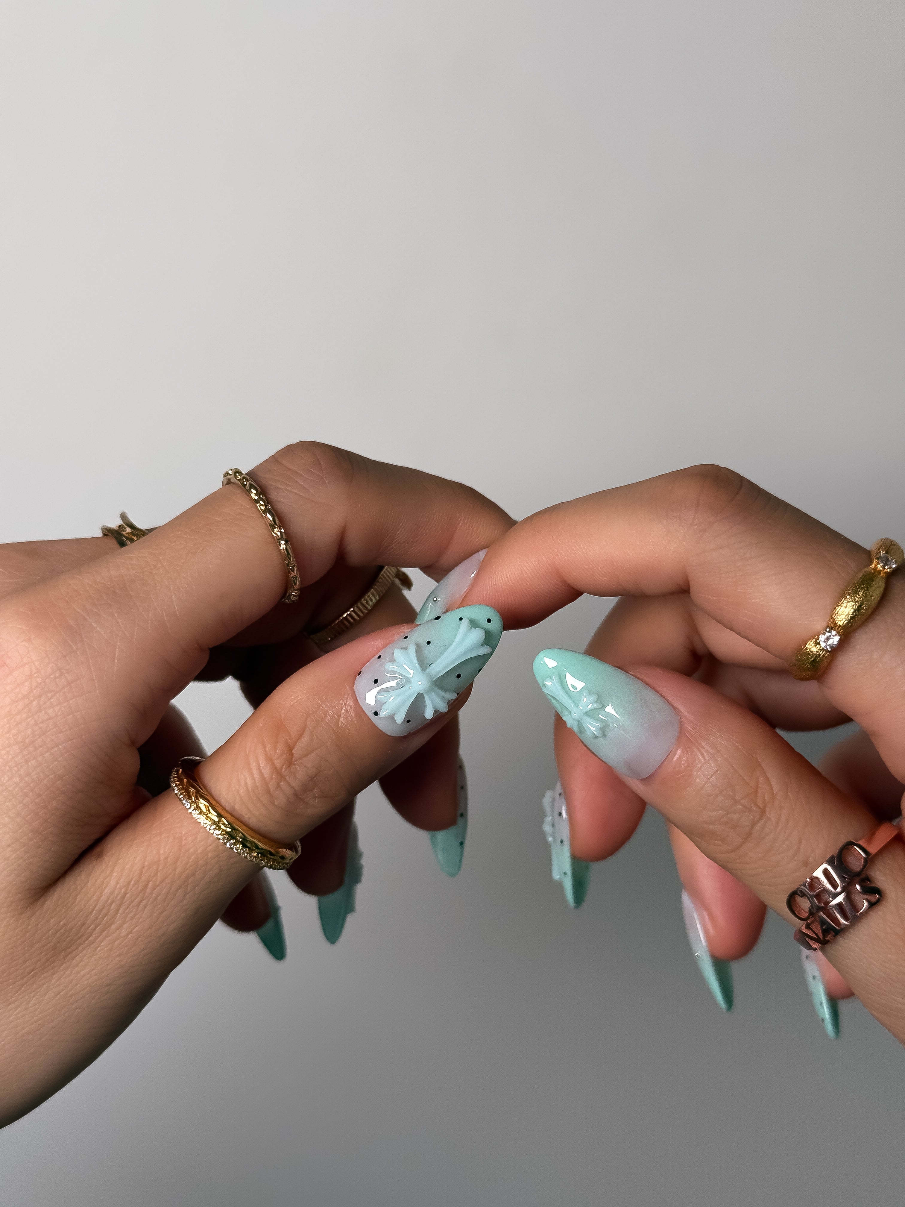 Mint Green Ombre Cross Press On Nails Medium Almond