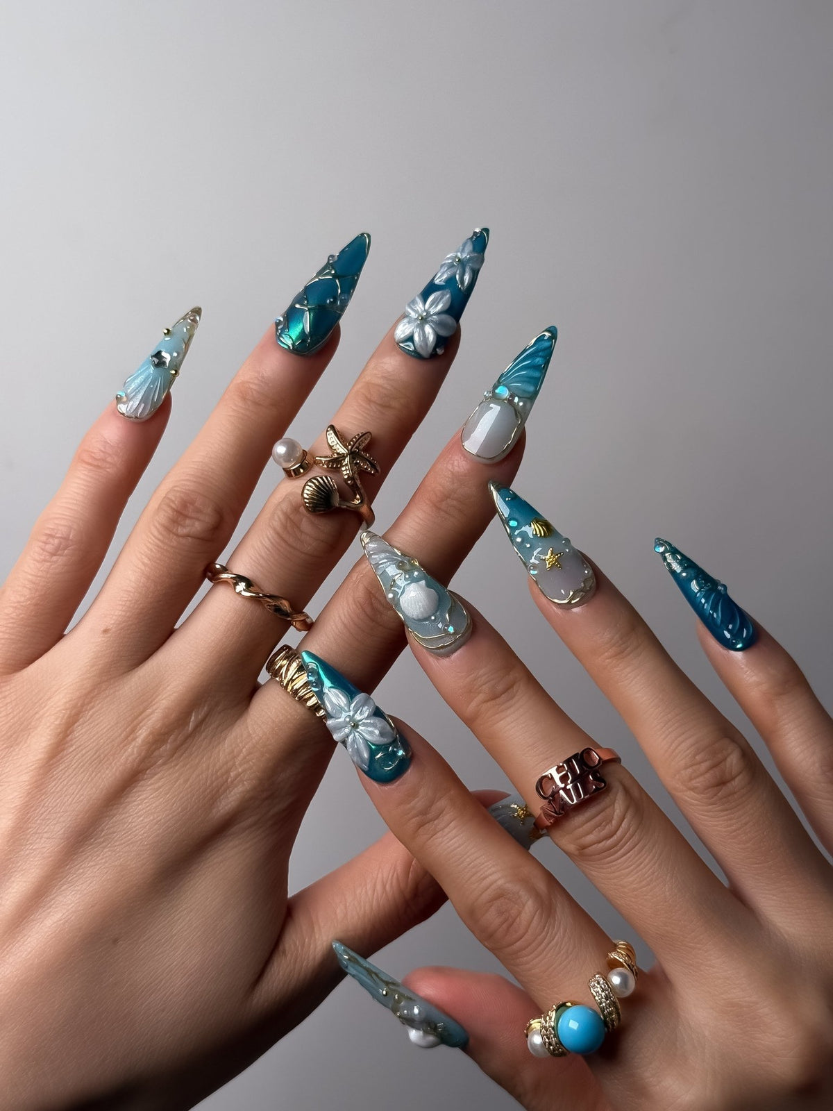 Aqua Siren Long Stiletto Press On Nails