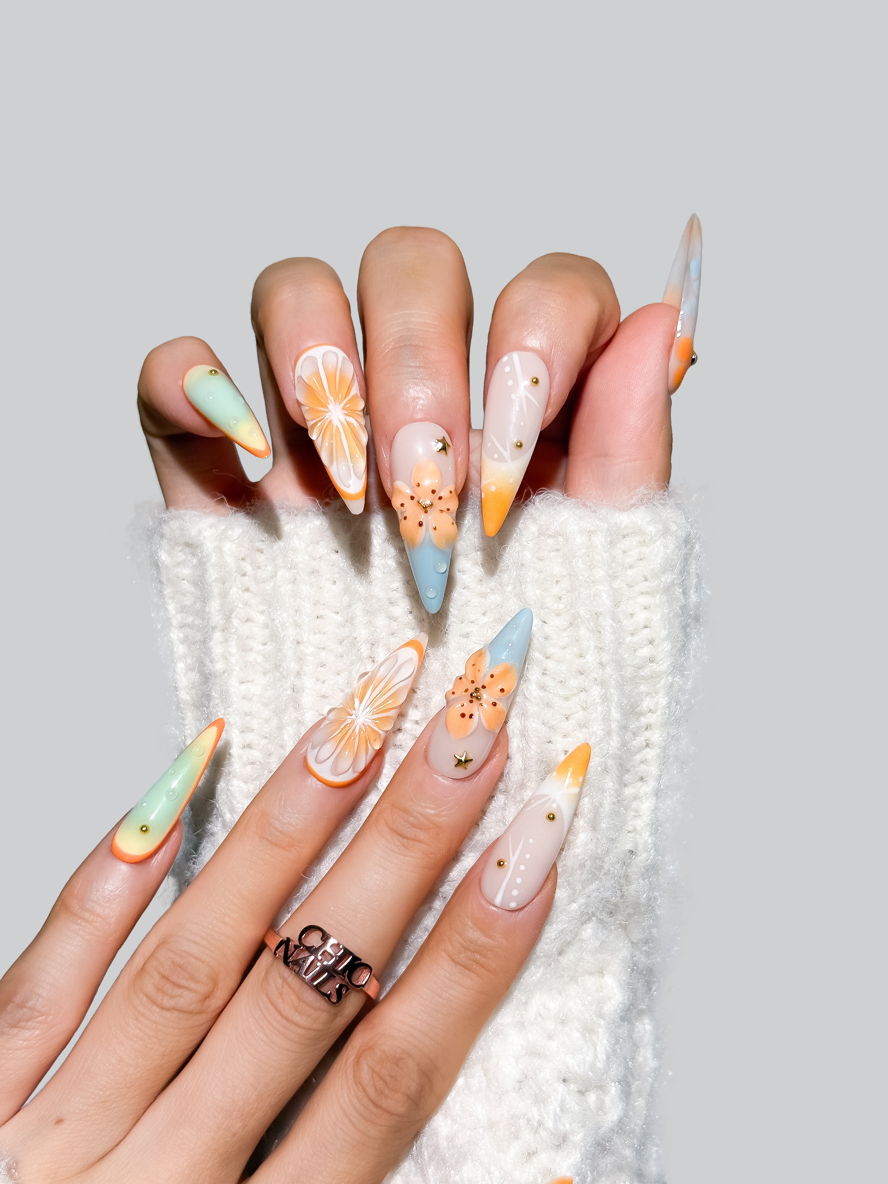 Pastel Citrus Floral Press On Nails Long Stiletto