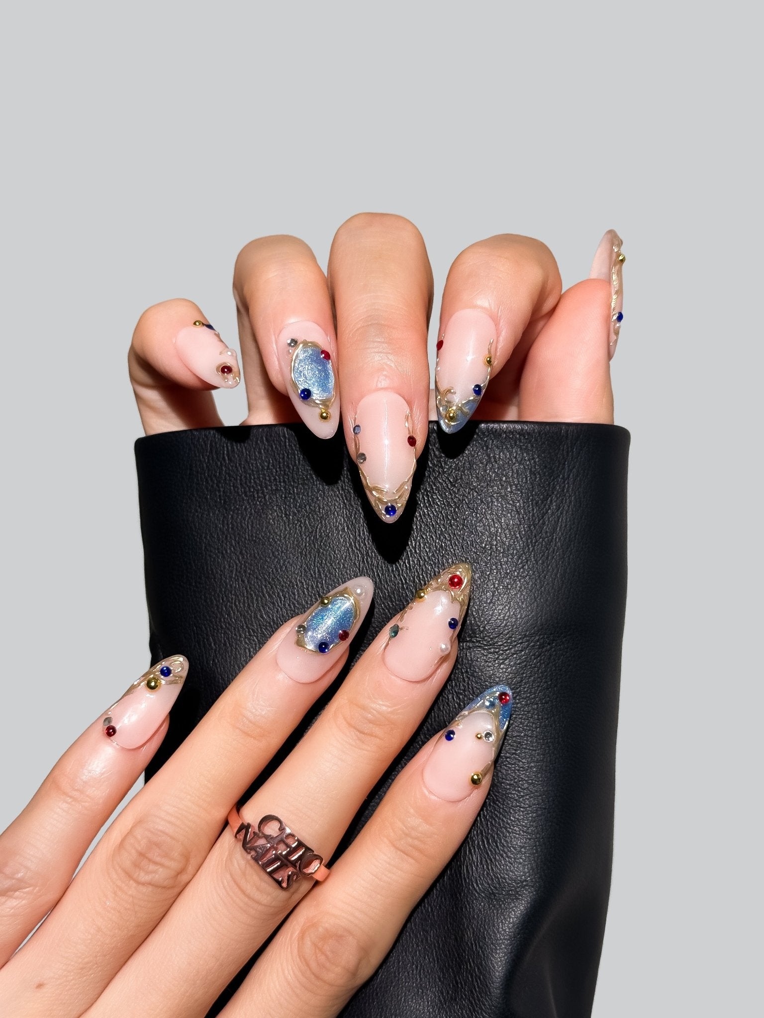 Blue Crystal Gem Press On Nails Medium Almond