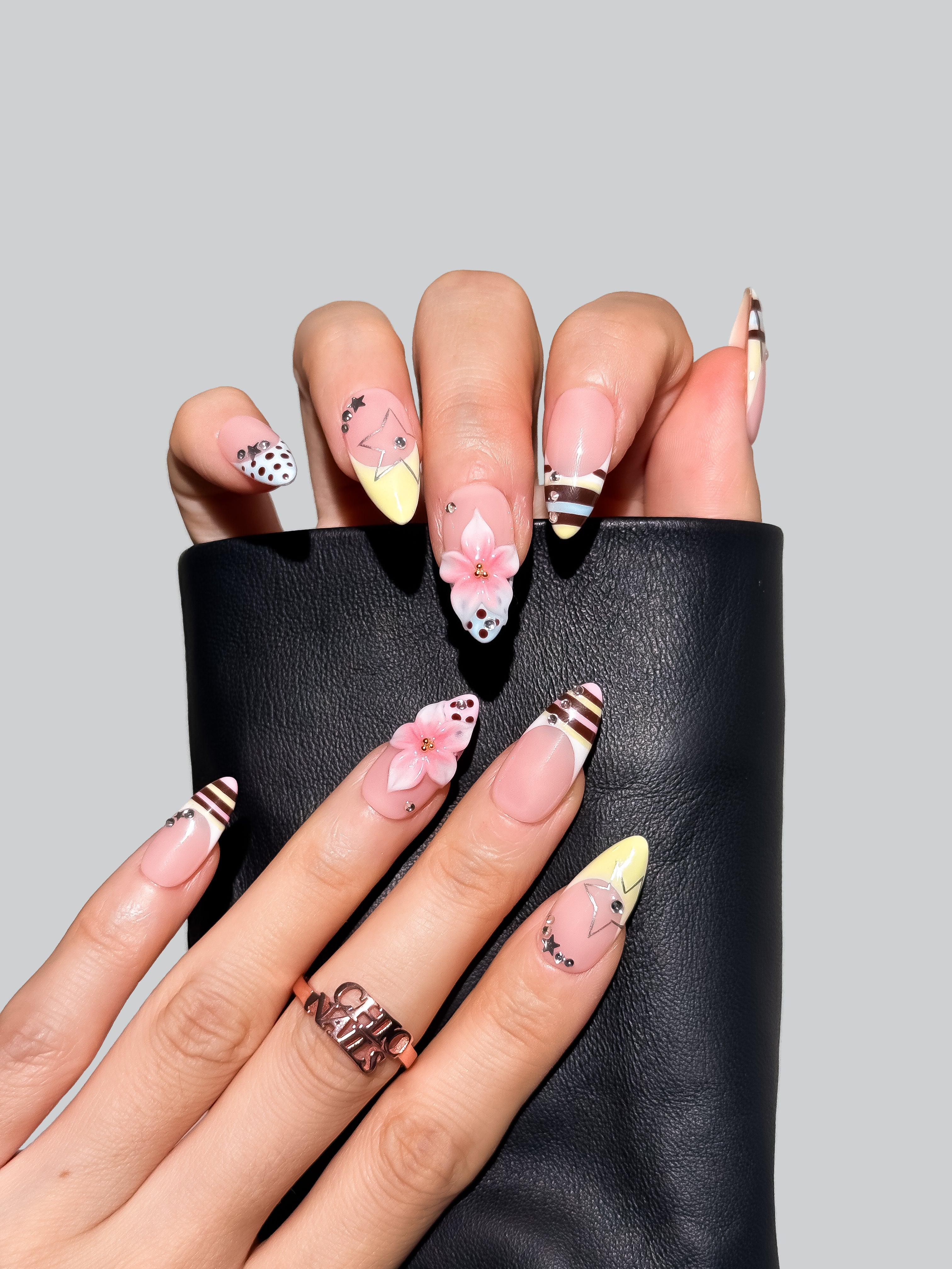 Pink Floral Chocolate French Press On Nails Medium Almond