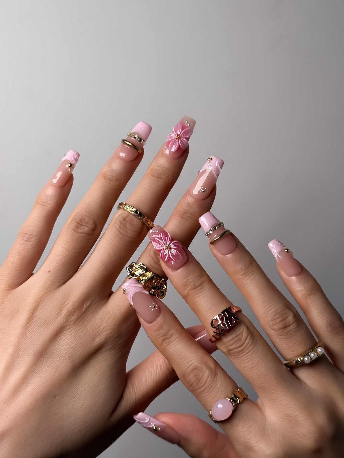 Pink Fleur Medium Square Press On Nails