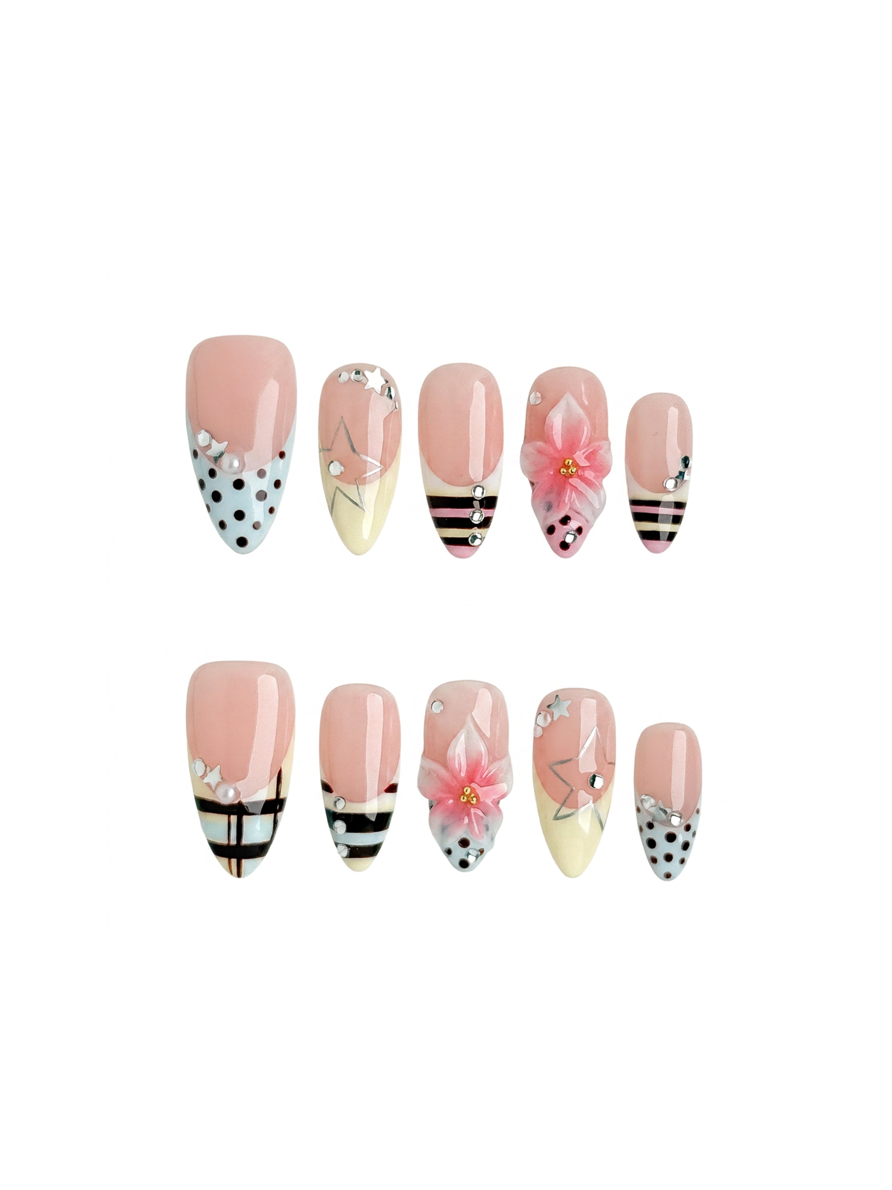 Pink Floral Chocolate French Press On Nails Medium Almond