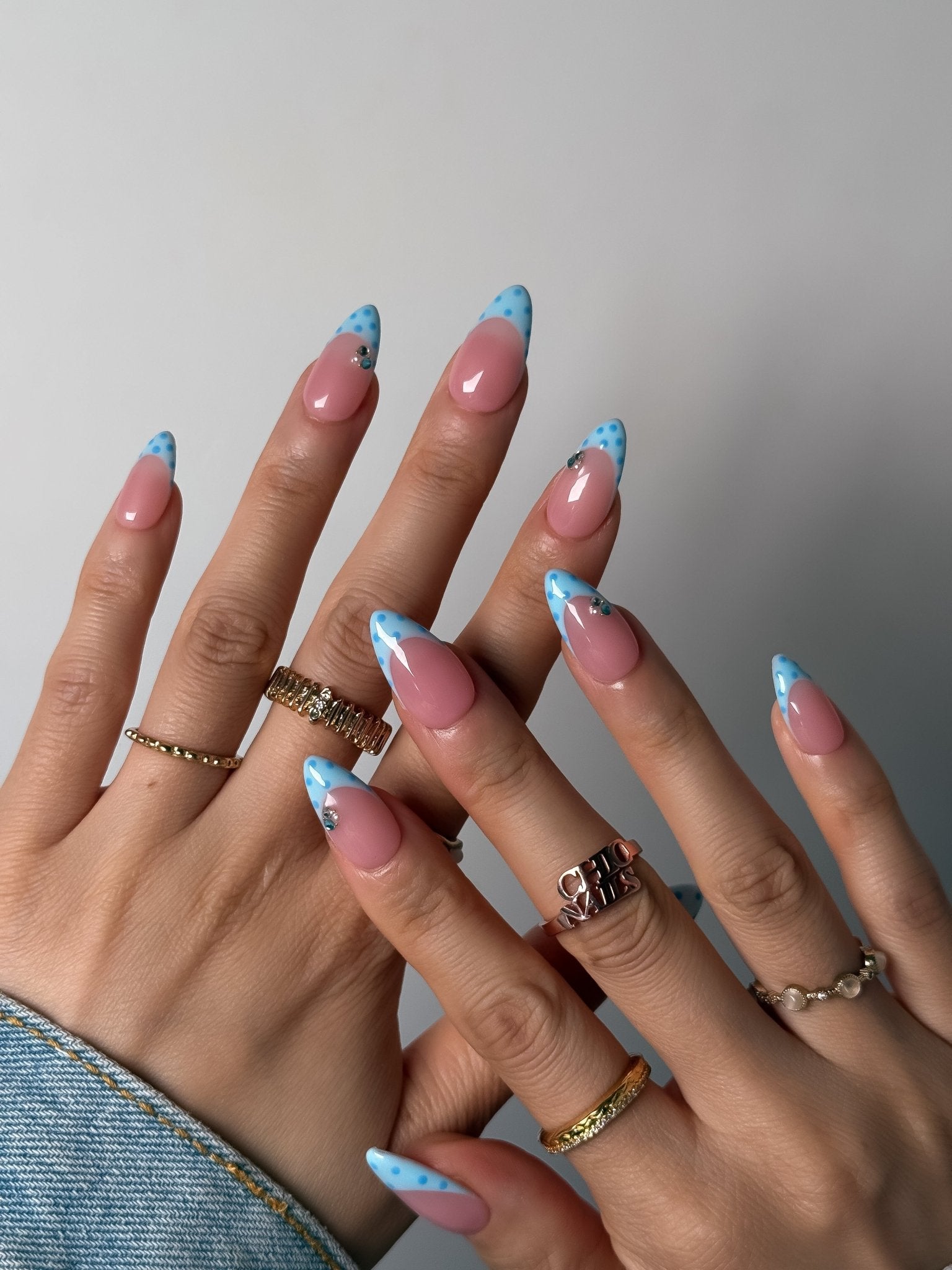 Blue Polka Dot French Press On Nails Short Almond