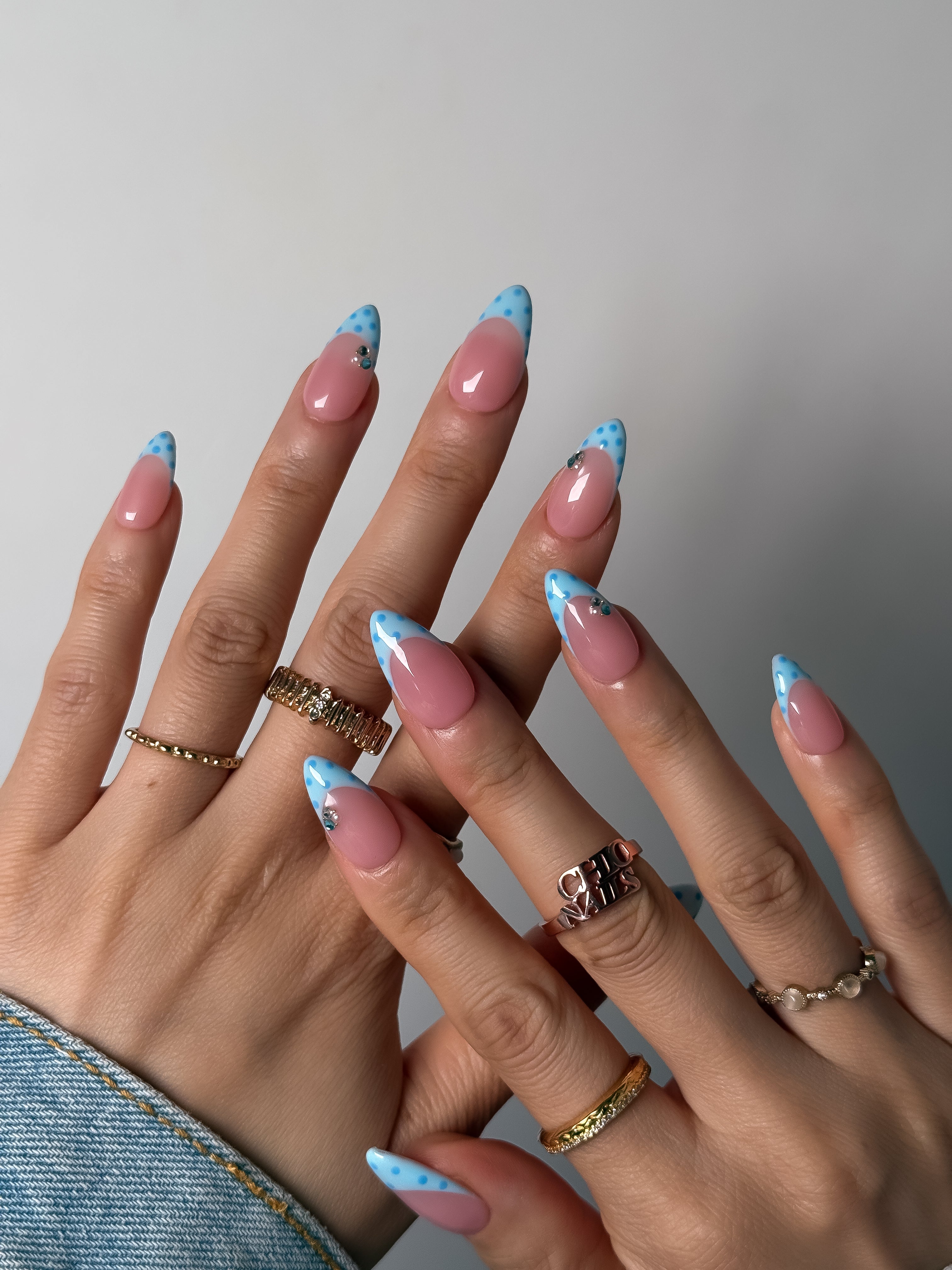 Blue Polka Dot French Press On Nails Short Almond