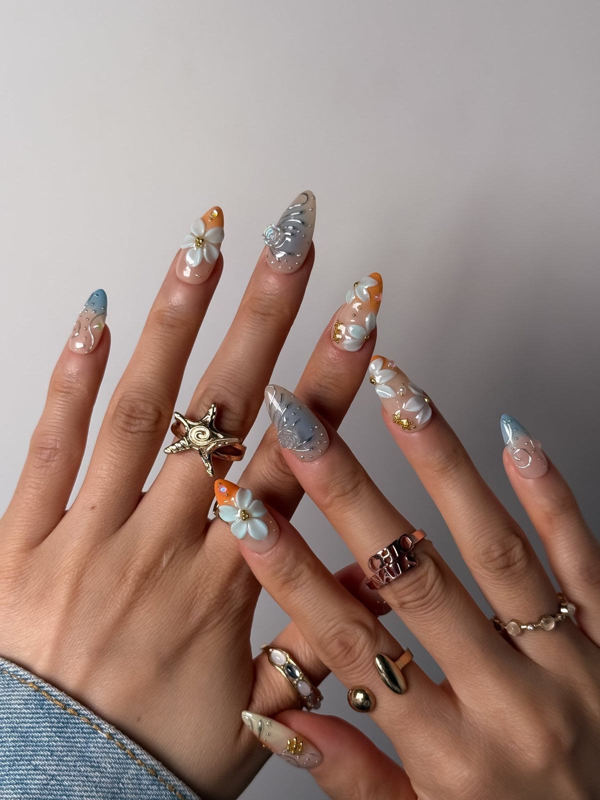 Azure Blossom 3D Floral Press On Nails Medium Almond