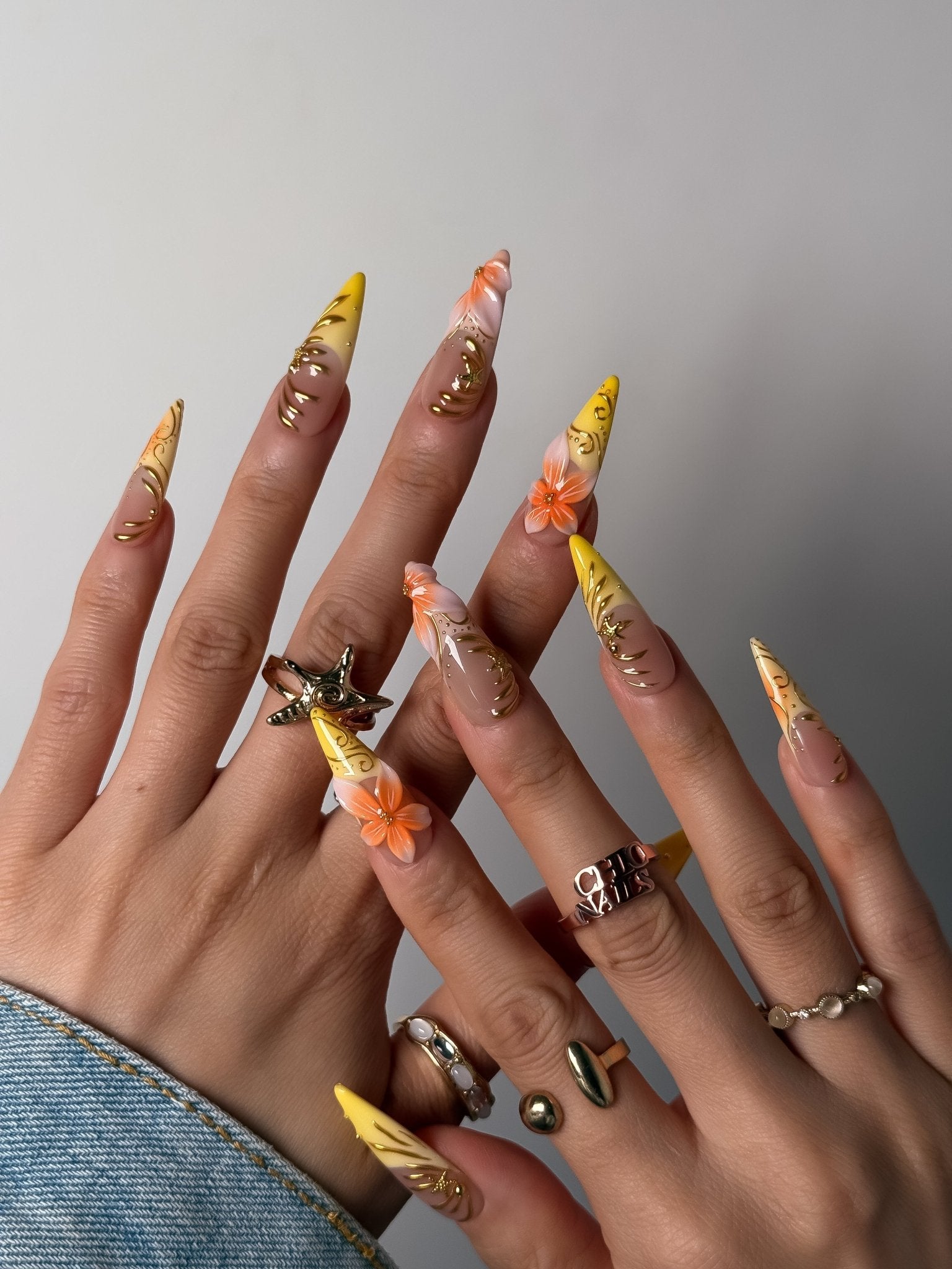 Yellow Floral French Press On Nails Long Stiletto