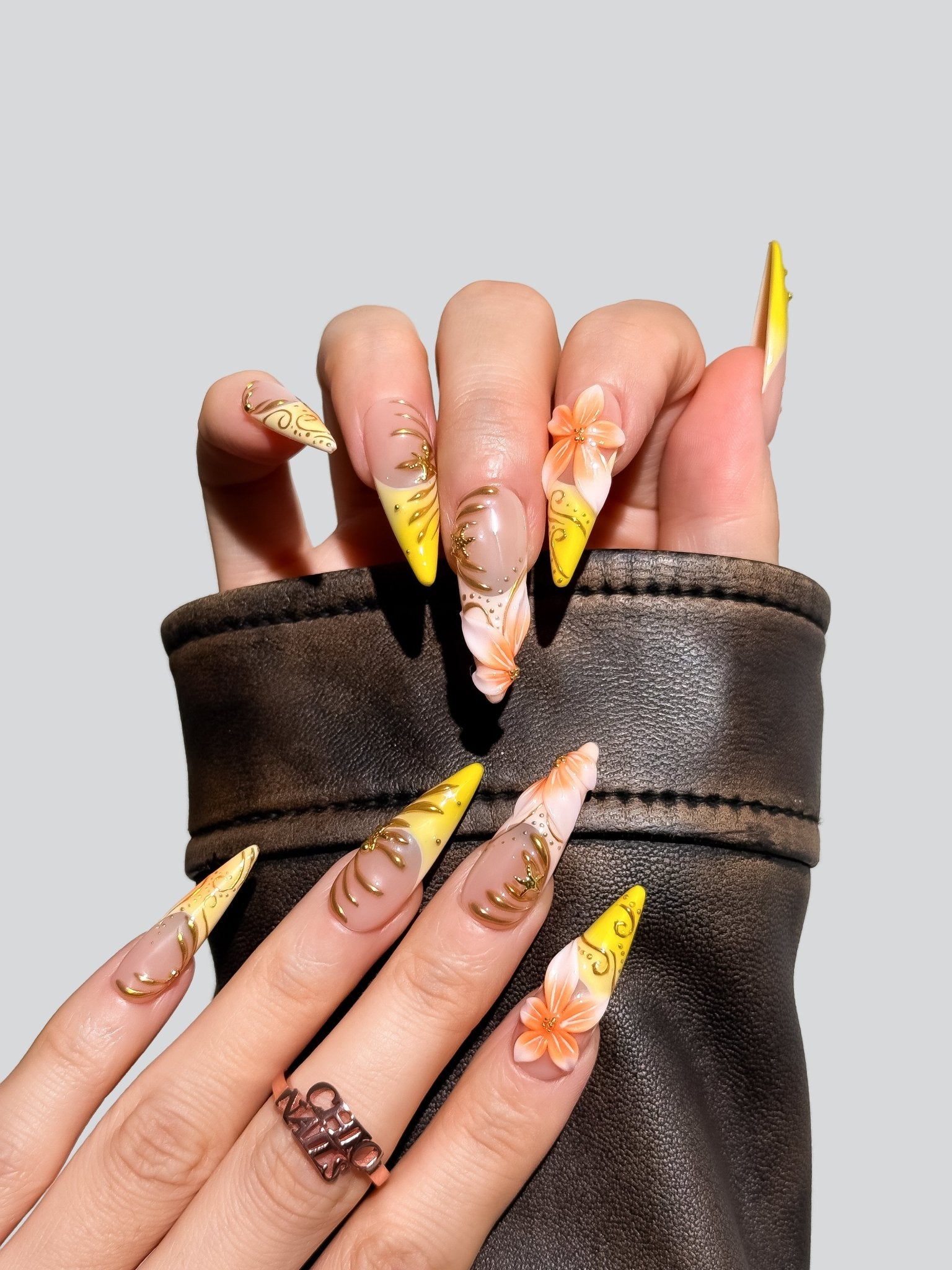 Yellow Floral French Press On Nails Long Stiletto