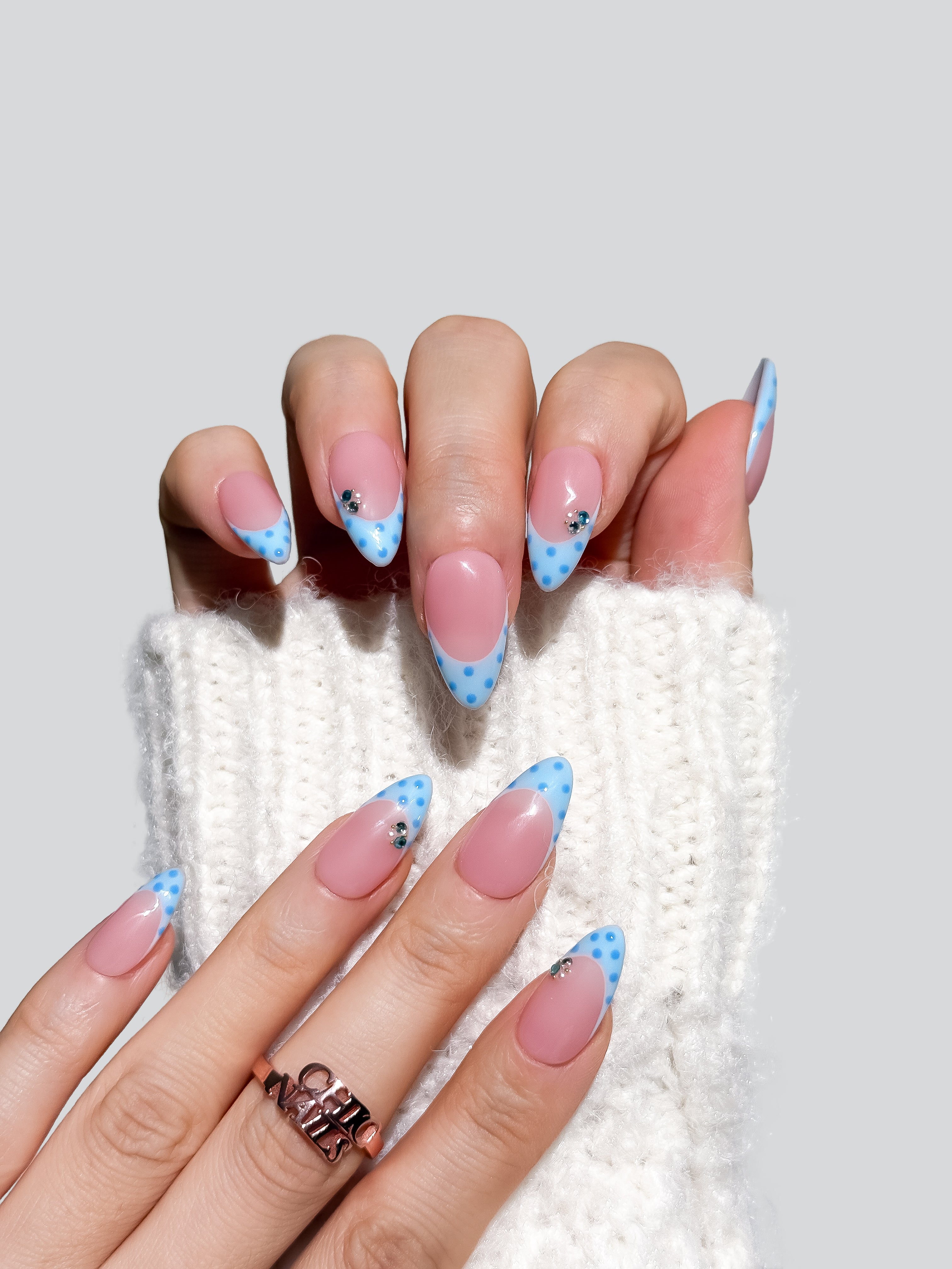Blue Polka Dot French Press On Nails Short Almond