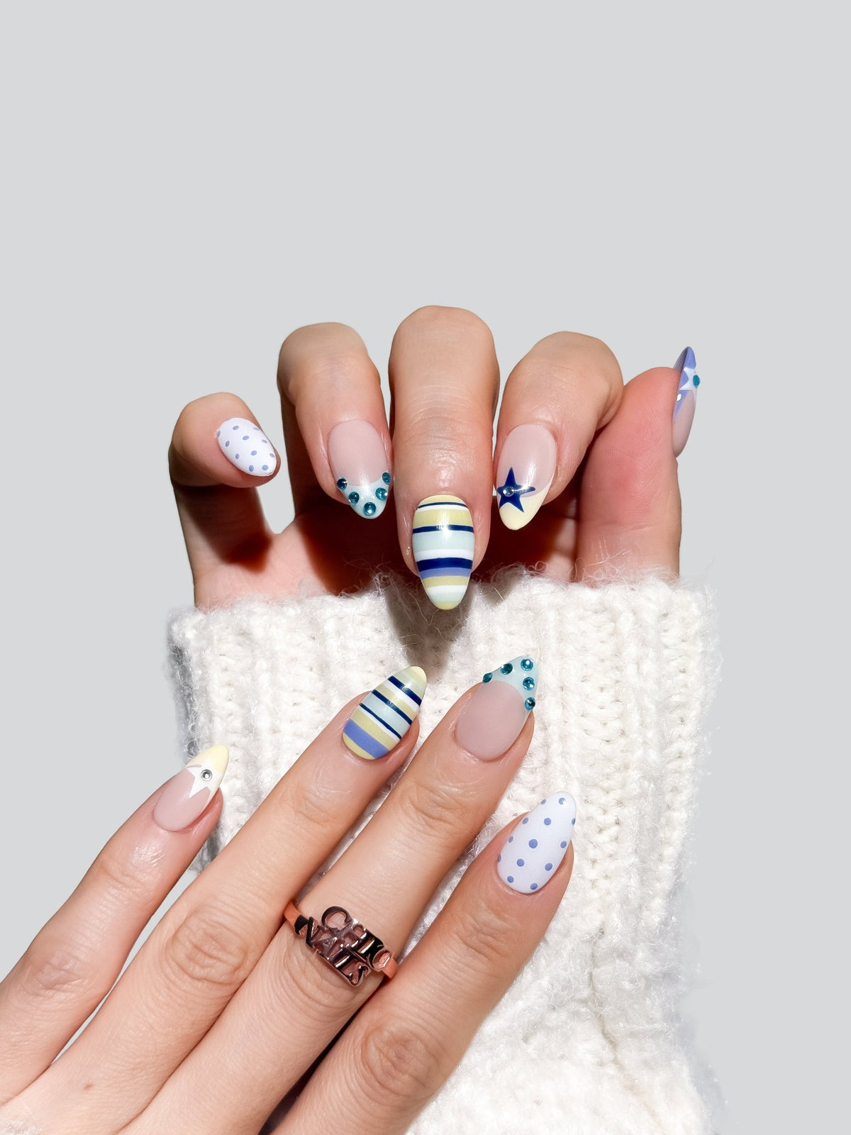 Azure Riviera Blue French Press On Nails Short Almond