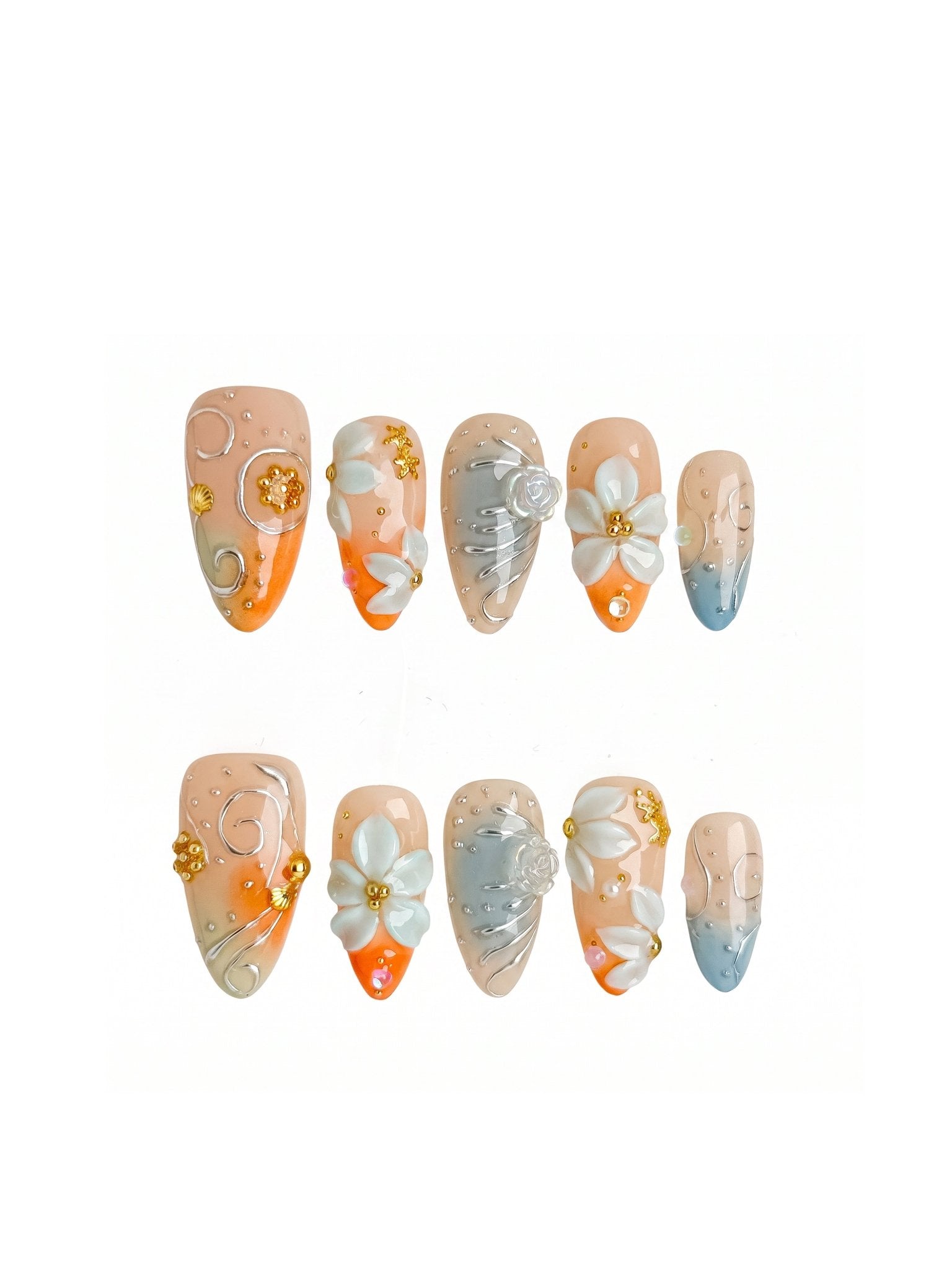 Azure Blossom 3D Floral Press On Nails Medium Almond