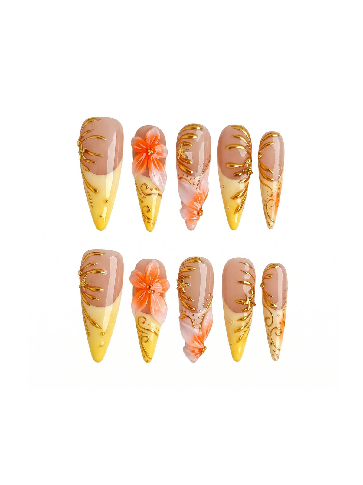 Yellow Floral French Press On Nails Long Stiletto