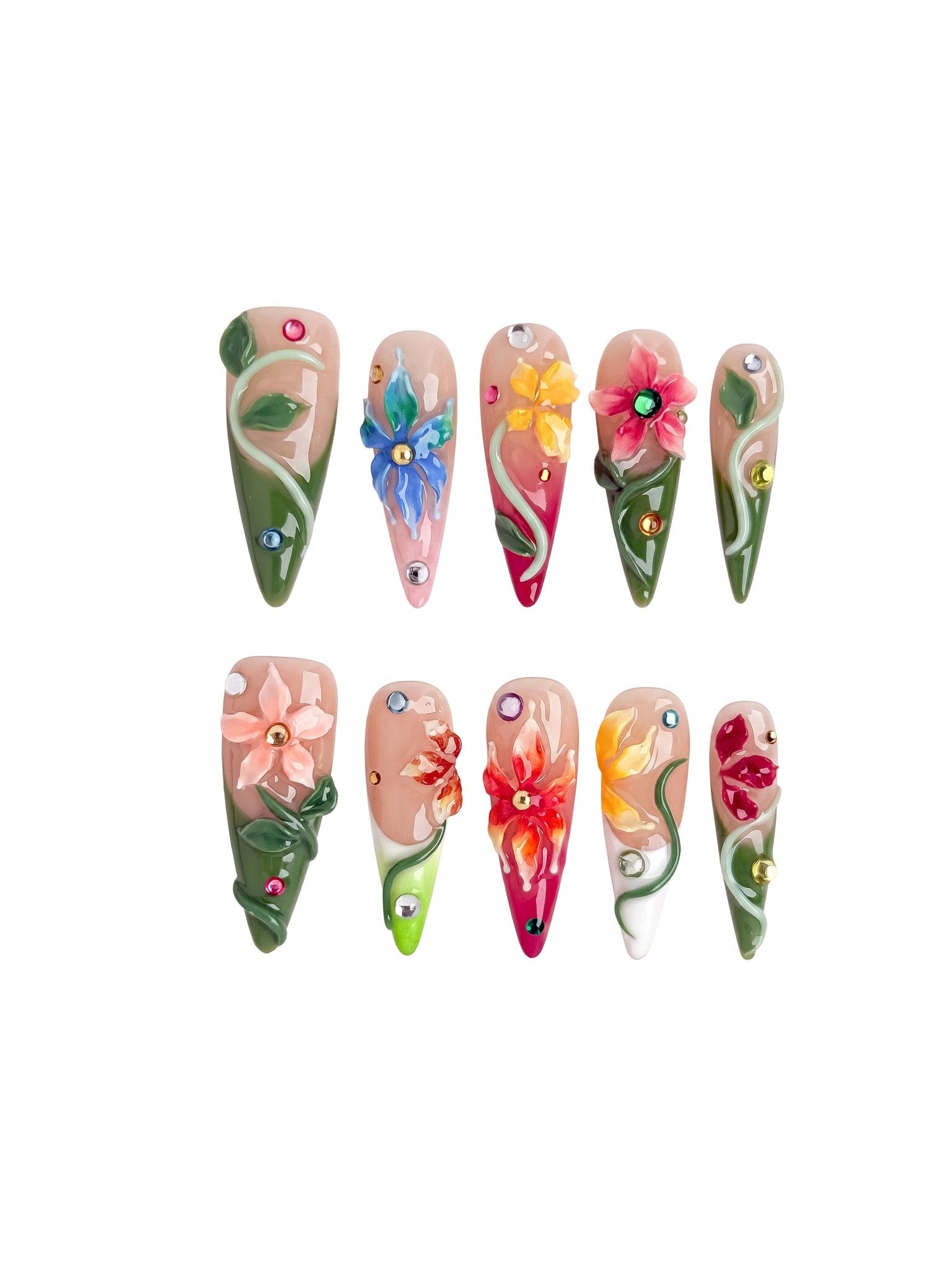 Secret Garden 3D Floral Press On Nails Long Stiletto