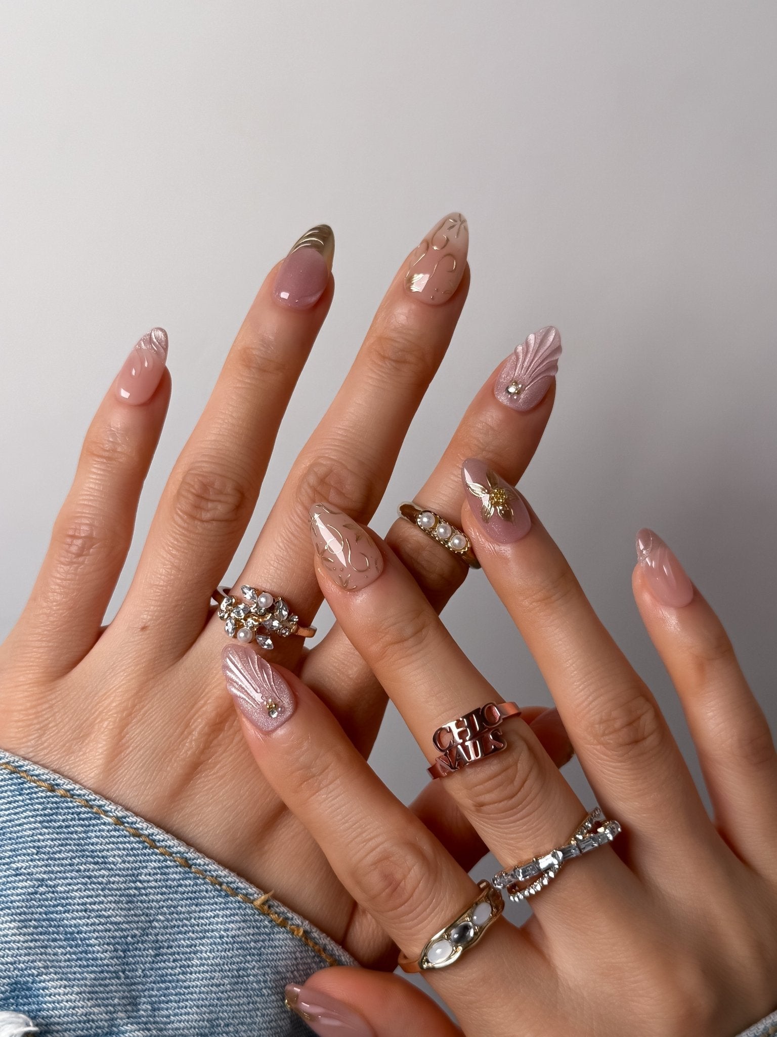 Gold Floral Almond Press-On Nails