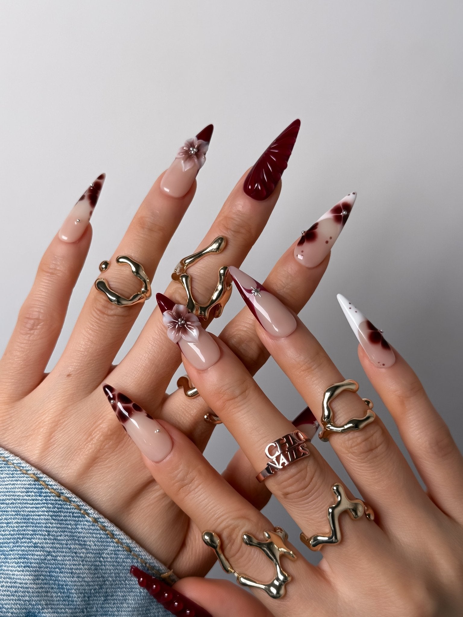 Burgundy Blossom Press-On Nails