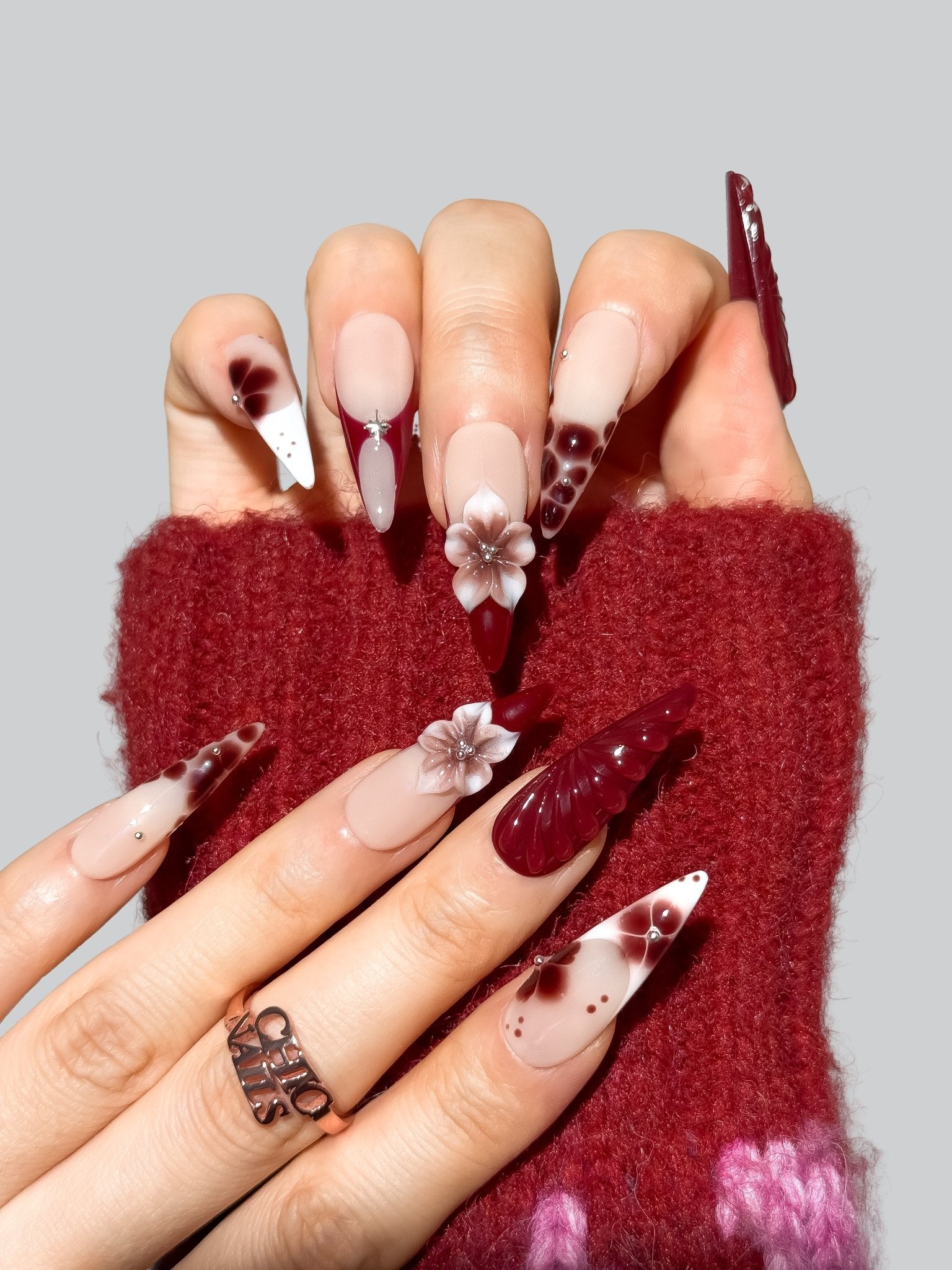Burgundy Blossom Press-On Nails