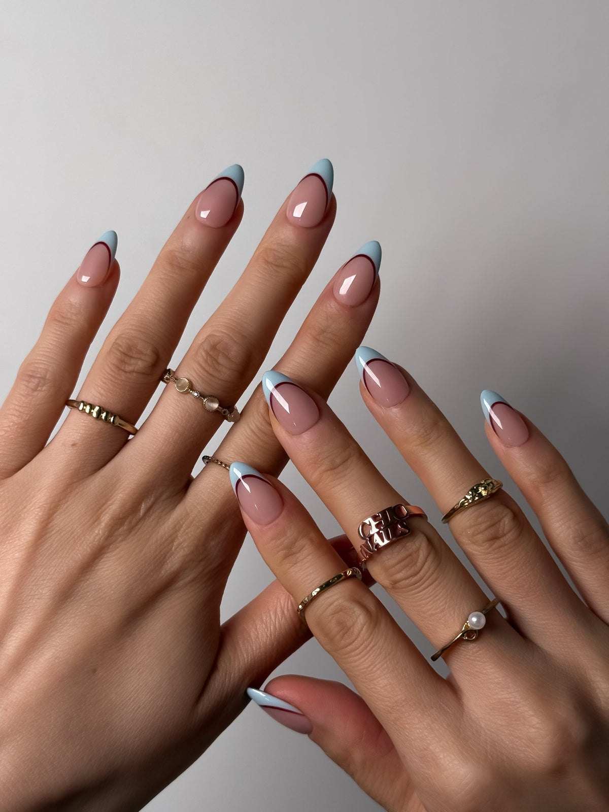 Blue Line Short Almond Press On Nails