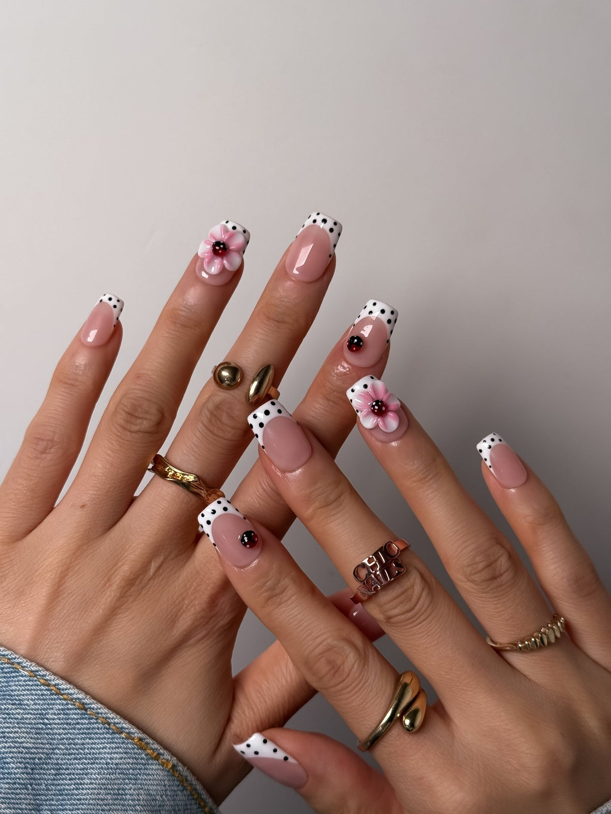 Rosé Ladybird Floral French Press On Nails Short Square