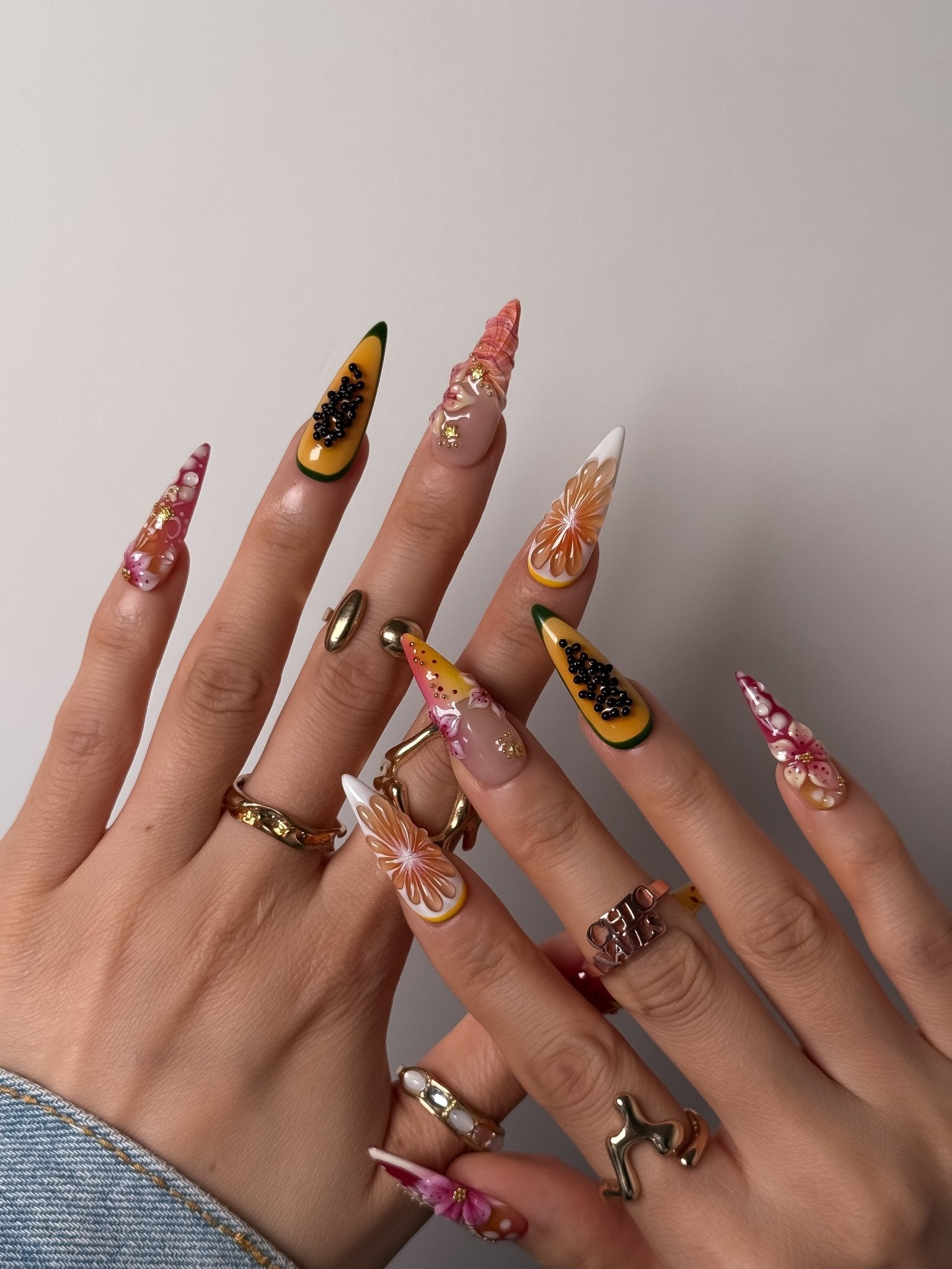 Papaya Fleur Tropical Fruit Press On Nails Long Stiletto