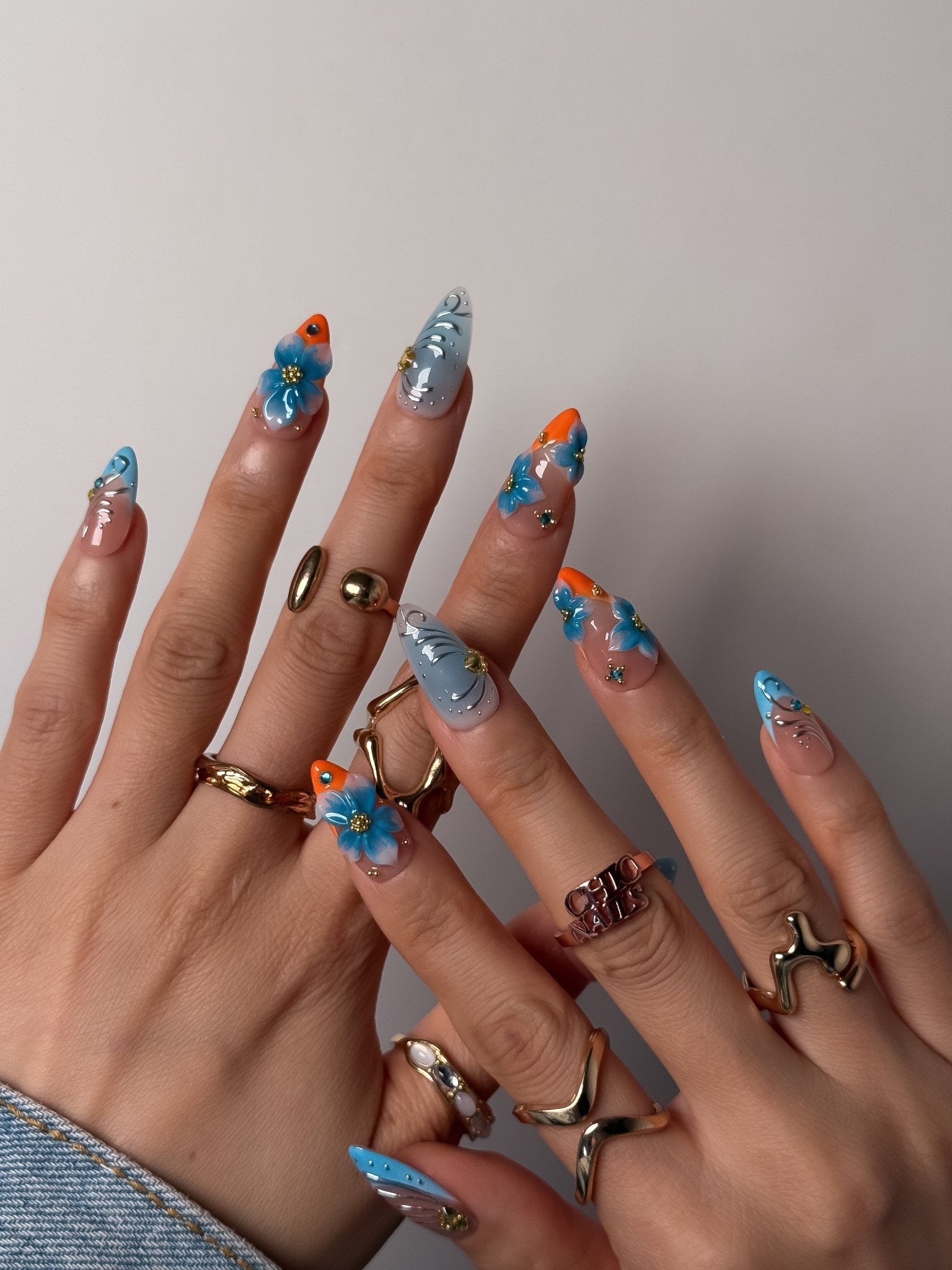 Azure Tropica 3D Floral Press On Nails Medium Oval