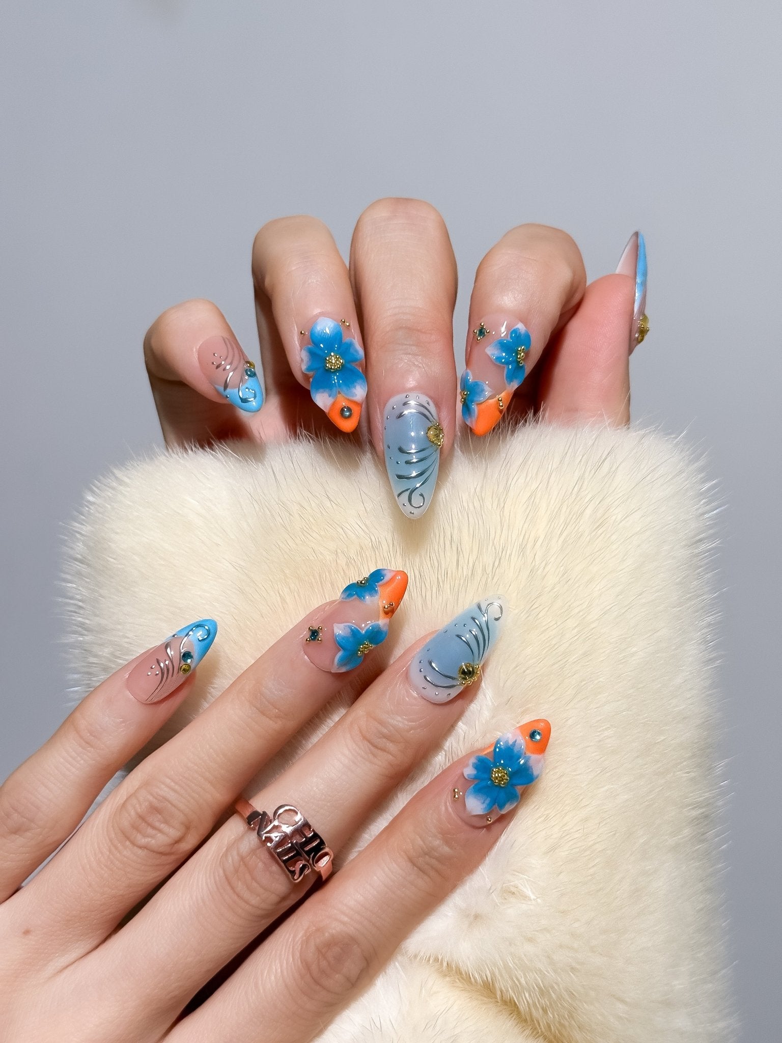 Azure Tropica 3D Floral Press On Nails Medium Oval