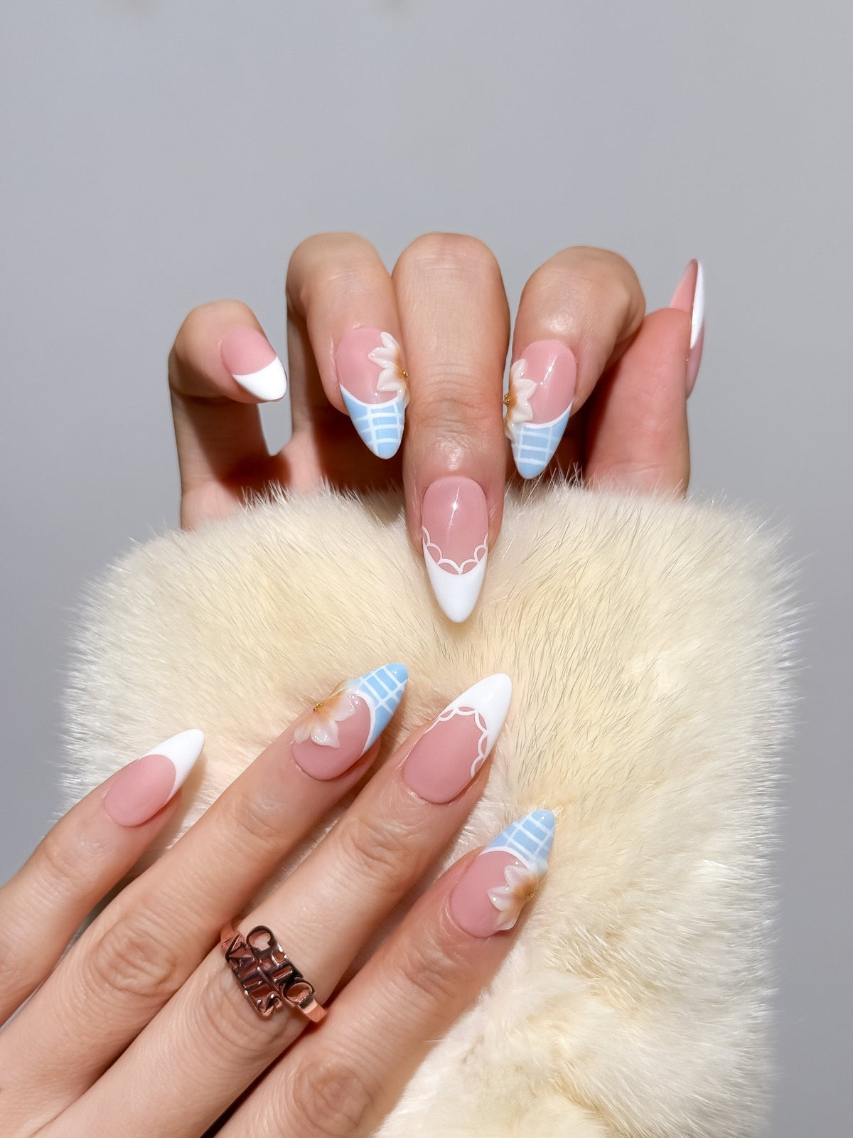 Ciel de Fleur Blue French Press On Nails Medium Almond